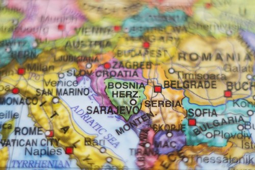 Photo of a map of Bosnia and Herzegovina and the capital Sarajevo .