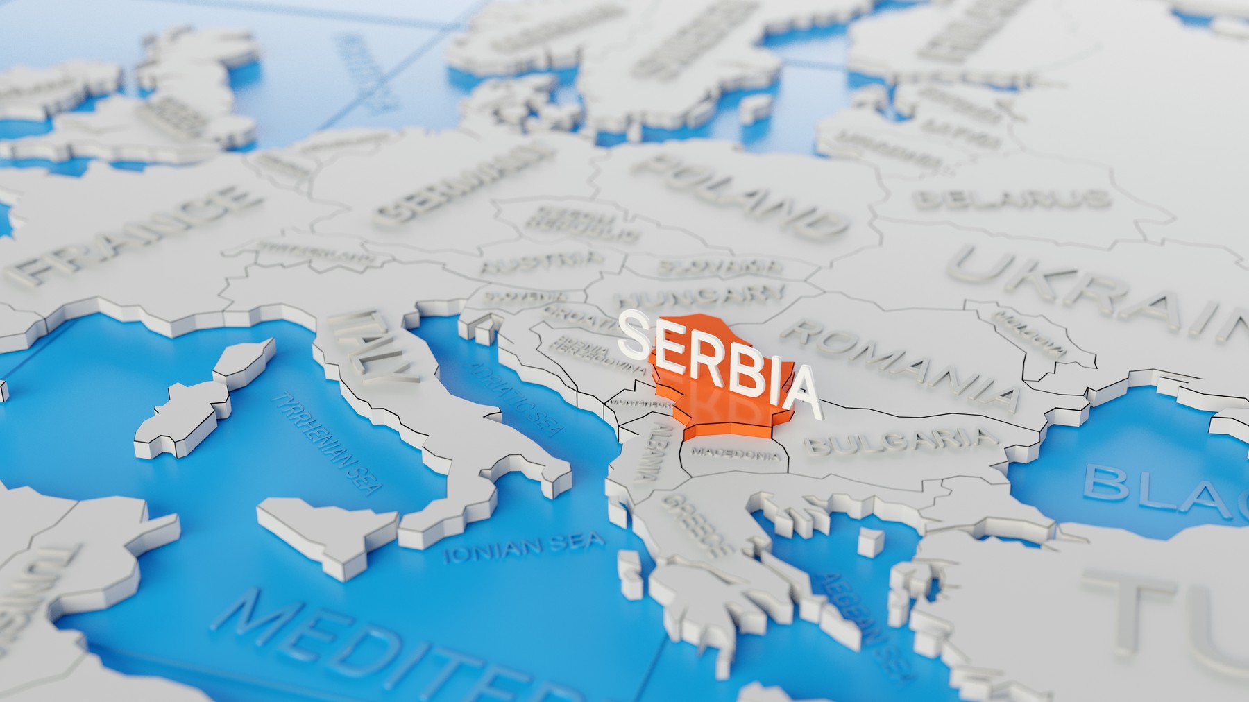 Serbia highlighted on a white simplified 3D world map. Digital 3D render.