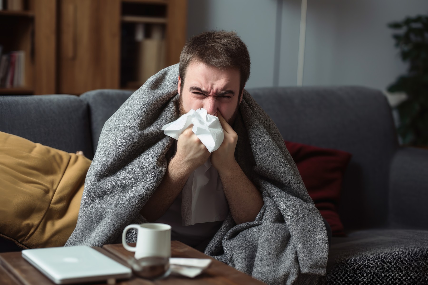 A man suffers from a cold on a sofa.