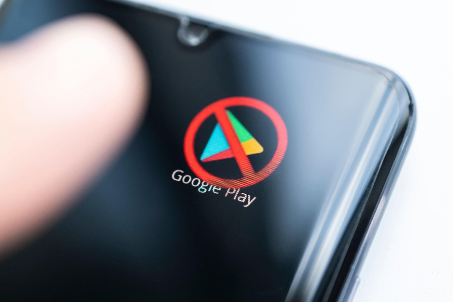 icon of the blocked google play on a black smartphone screen. Barnaul russia, May 15, 2022