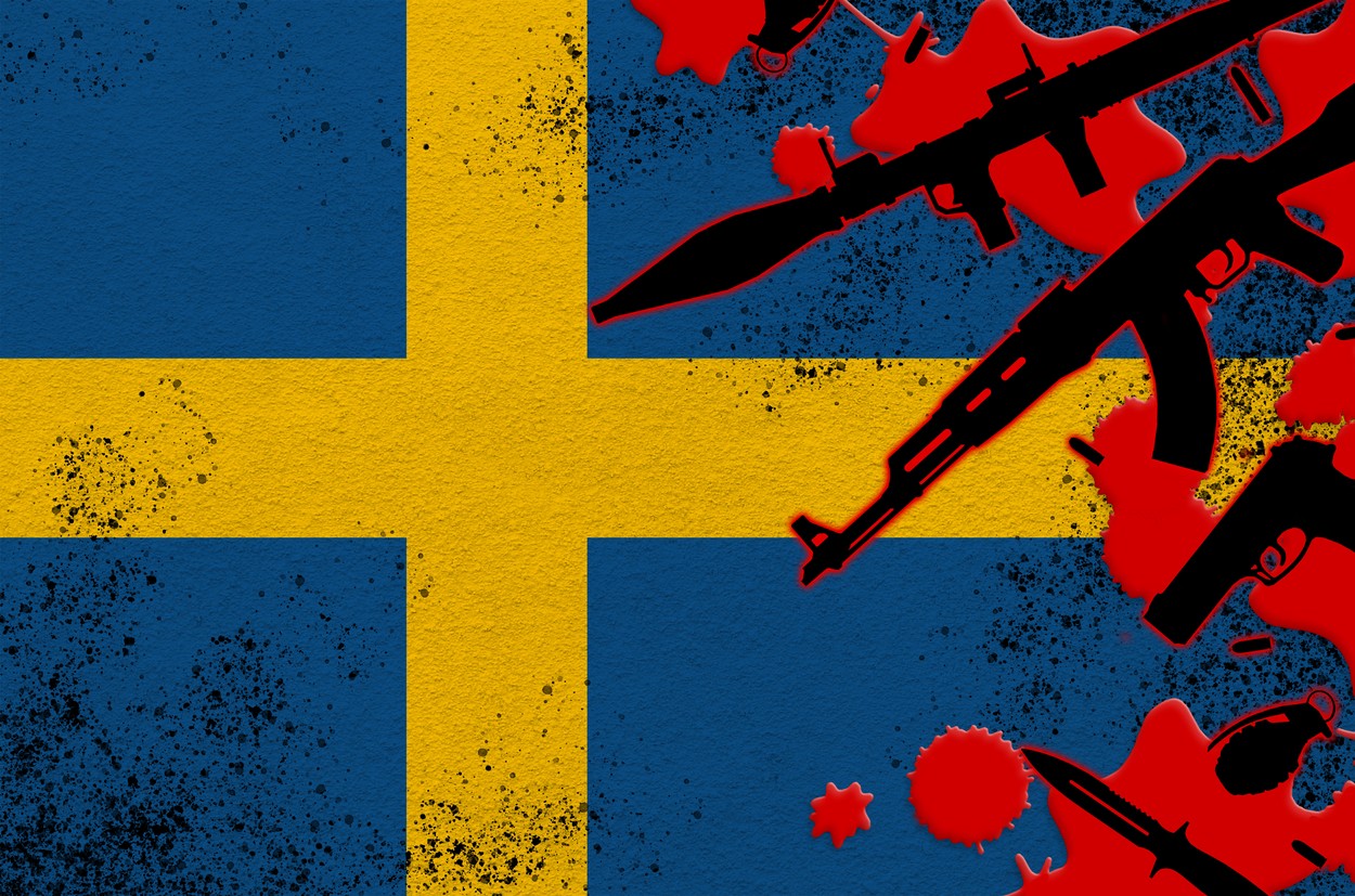 Sweden flag and various weapons in red blood. Concept for terror attack or military operations with lethal outcome