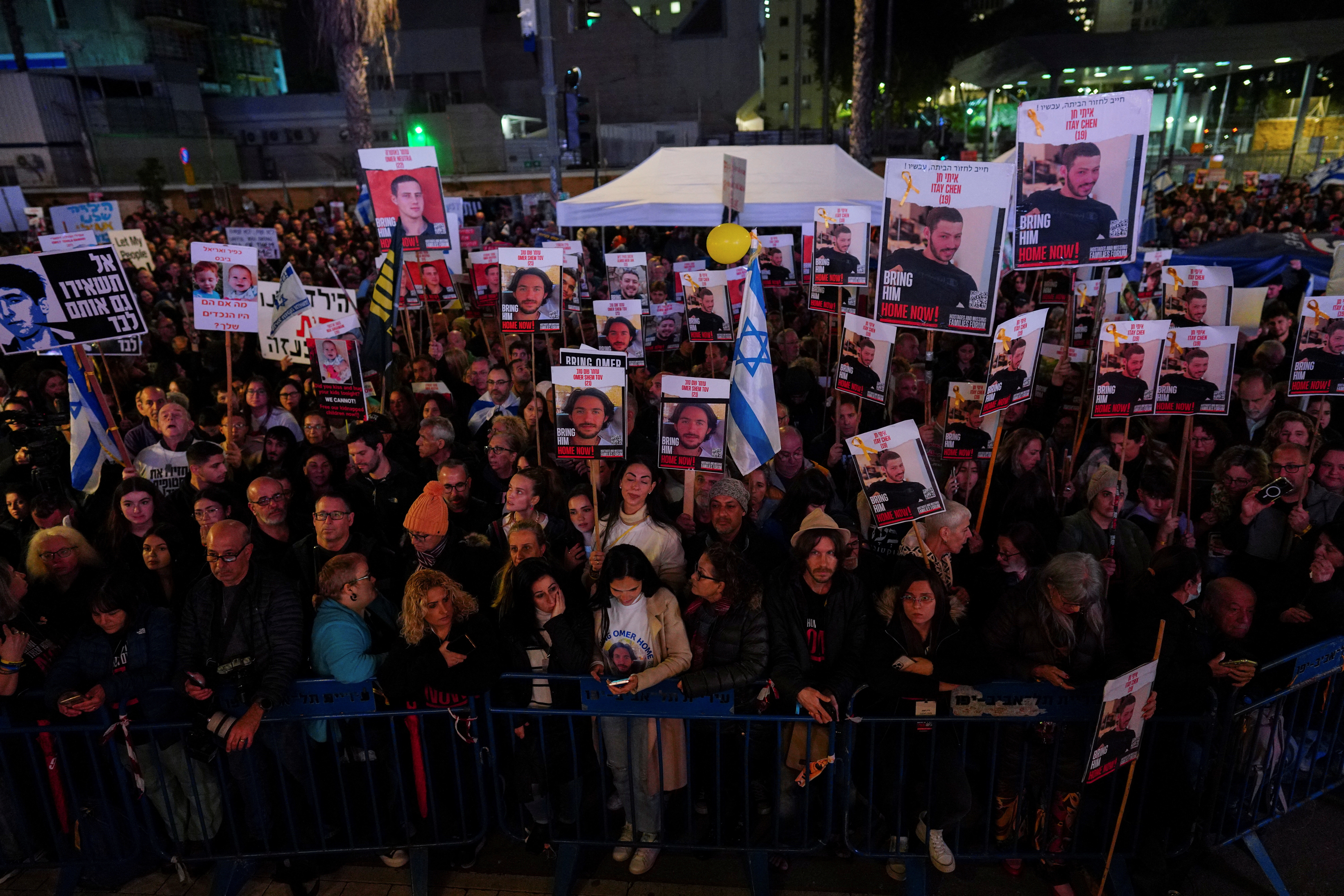 Protest at "Hostages Square" to mark 100 days since Hamas attack, in Tel Aviv