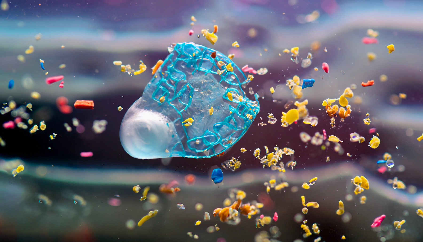 macro photo of microplastic floating in the ocean
