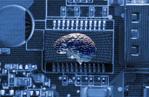 Studio shot of brain and data technology