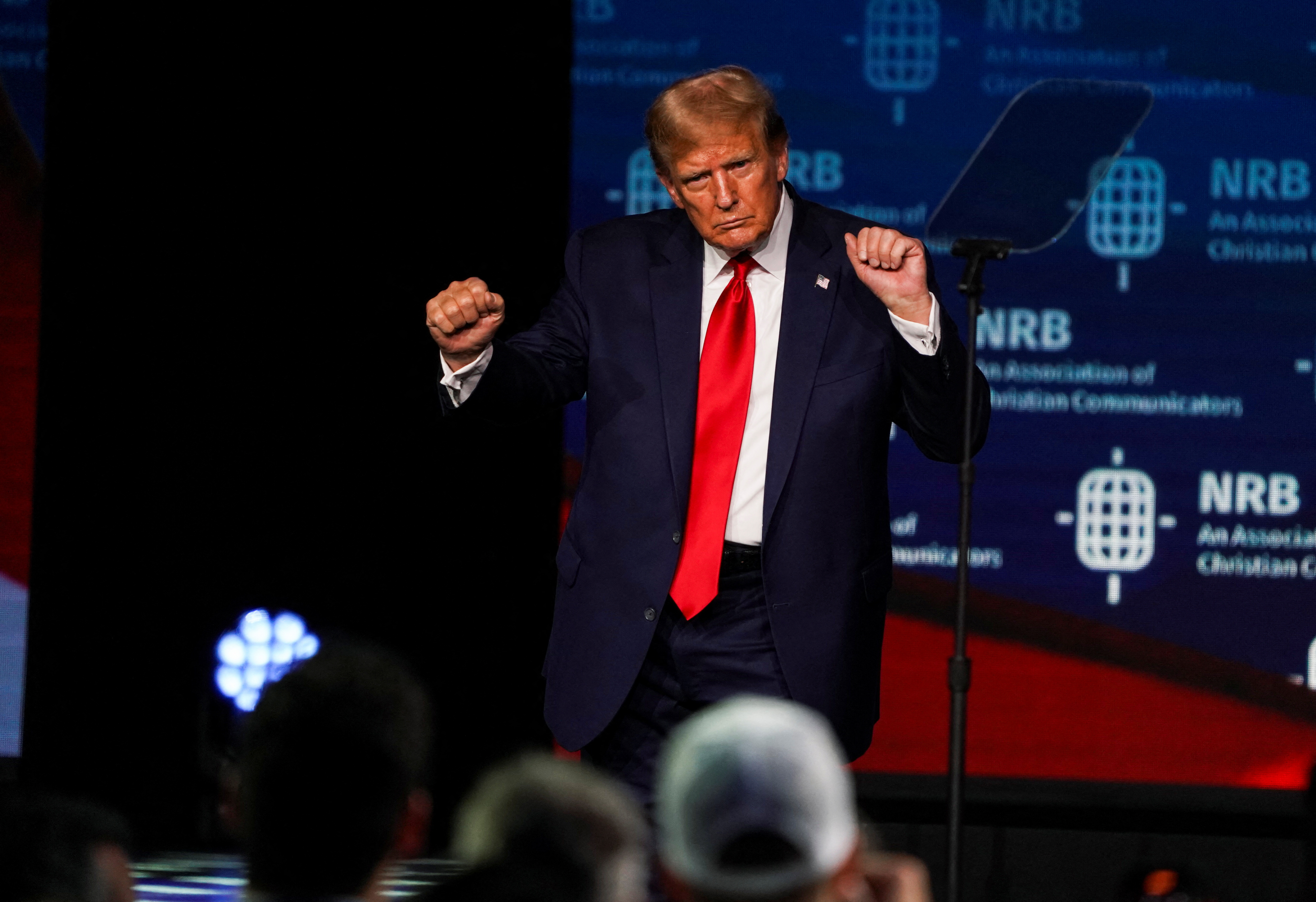 Former U.S. President and Republican presidential candidate Trump attends the 2024 National Religious Broadcasters convention, in Nashville