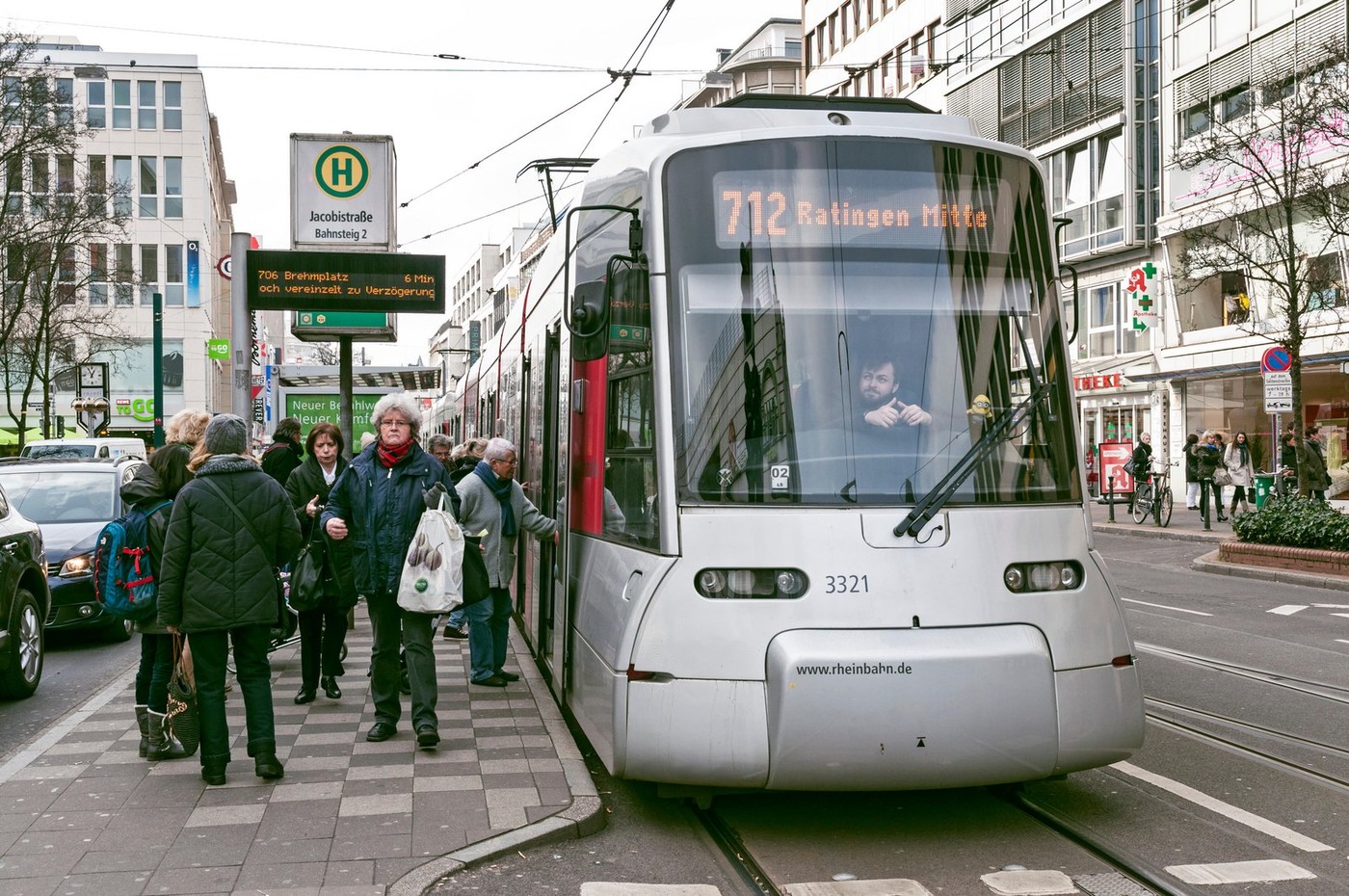 Tram on Schadowstrasse, a popular shopping street in Düsseldorf, NRW., Germany