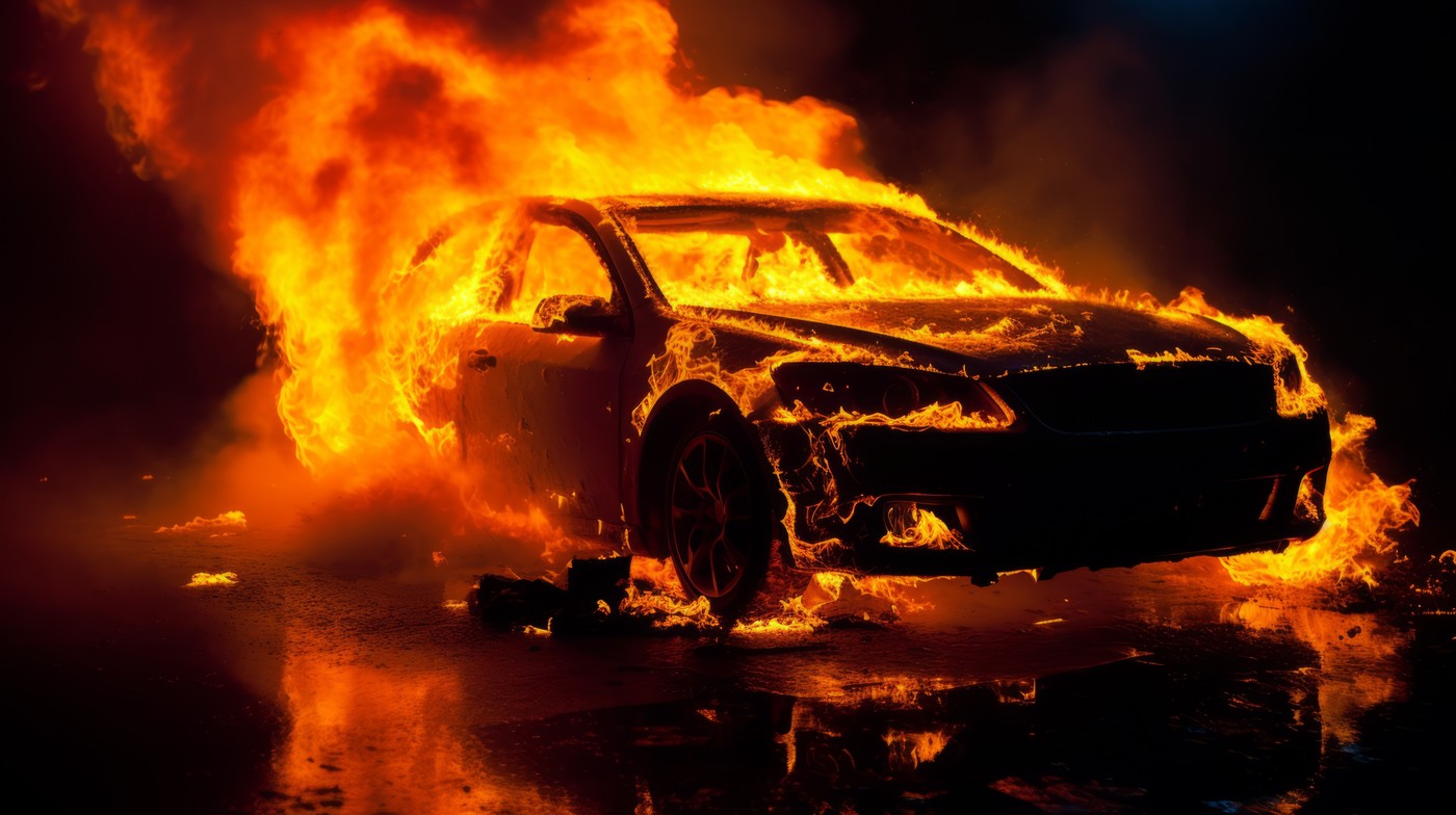 Car on fire. A burning electric vehicle on highway.