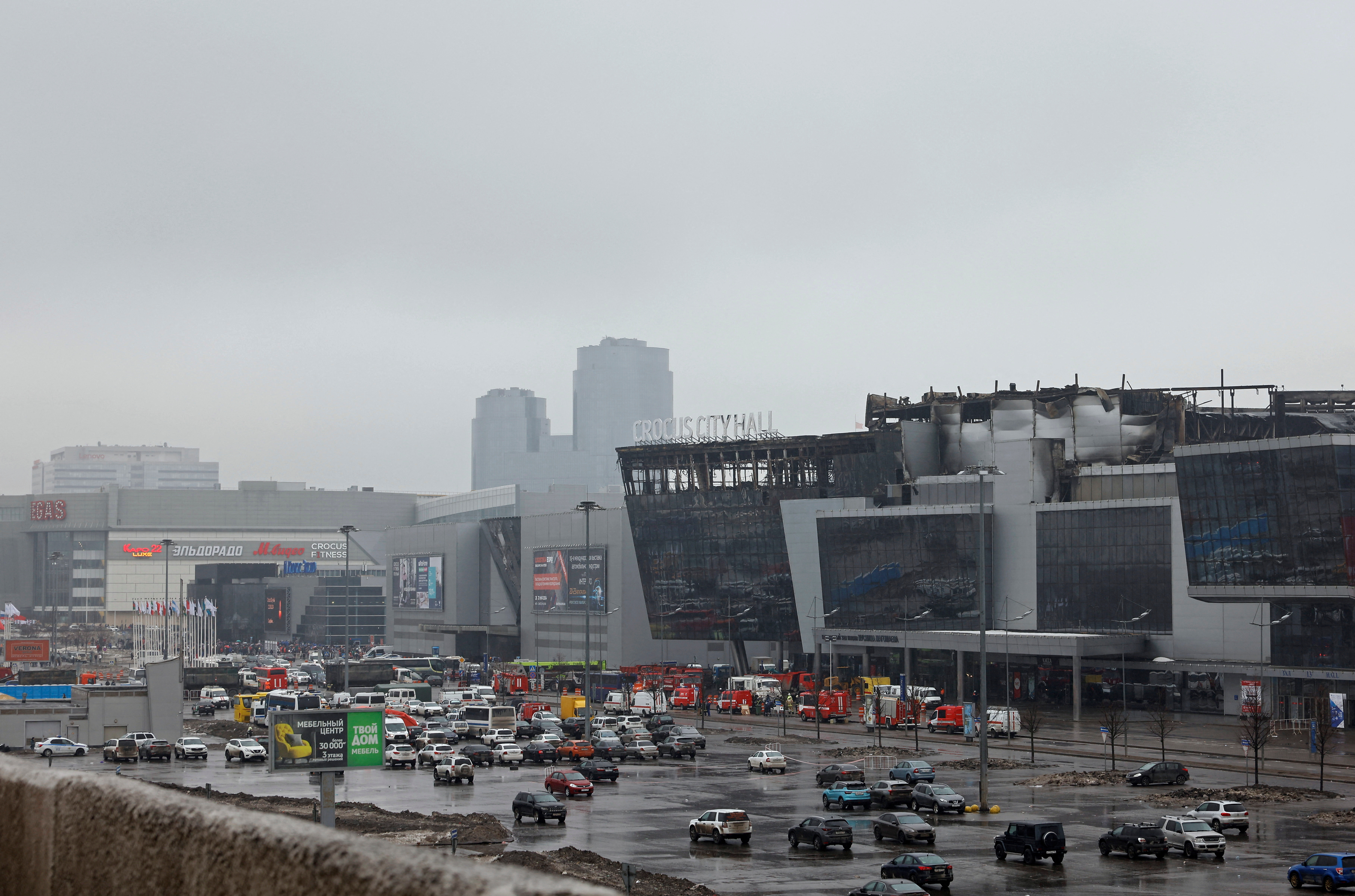 The Crocus City Hall concert venue following a shooting attack and fire, in the Moscow Region