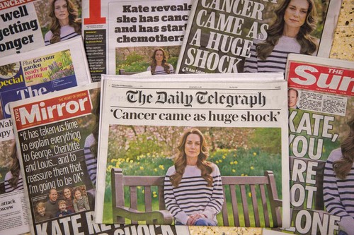 London, UK. 23rd March, 2024. Headlines in the British Newspapers on March 23rd as Catherine, Princess of Wales, revealed in a video, released on March 22nd, that she is having treatment for cancer. The cancer was discovered following major abdominal surg
