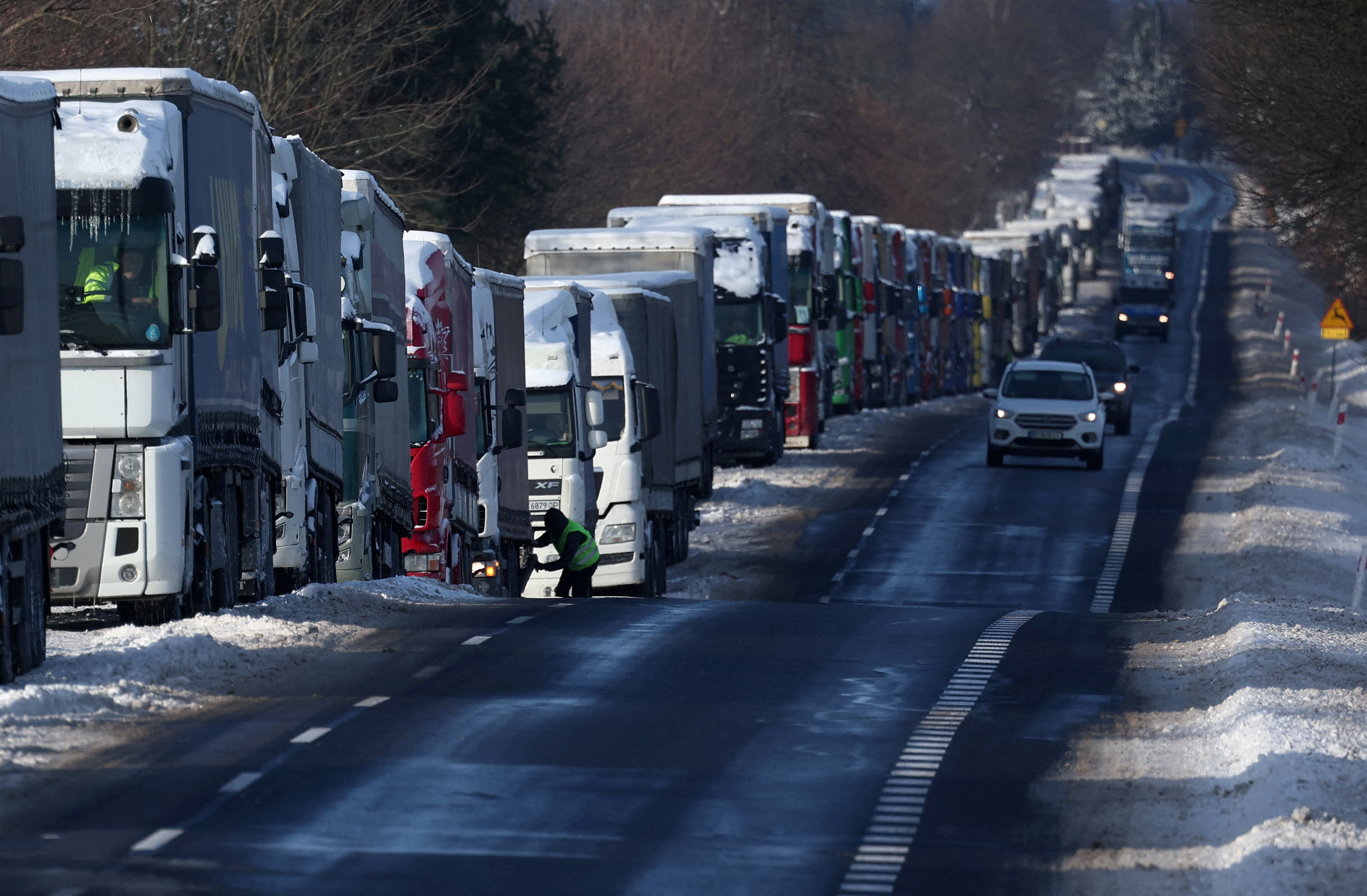 FILE PHOTO: Trucks line up in a long queue to cross the Polish-Ukrainian border at the Hrebenne-Rawa Ruska crossing in Potoki