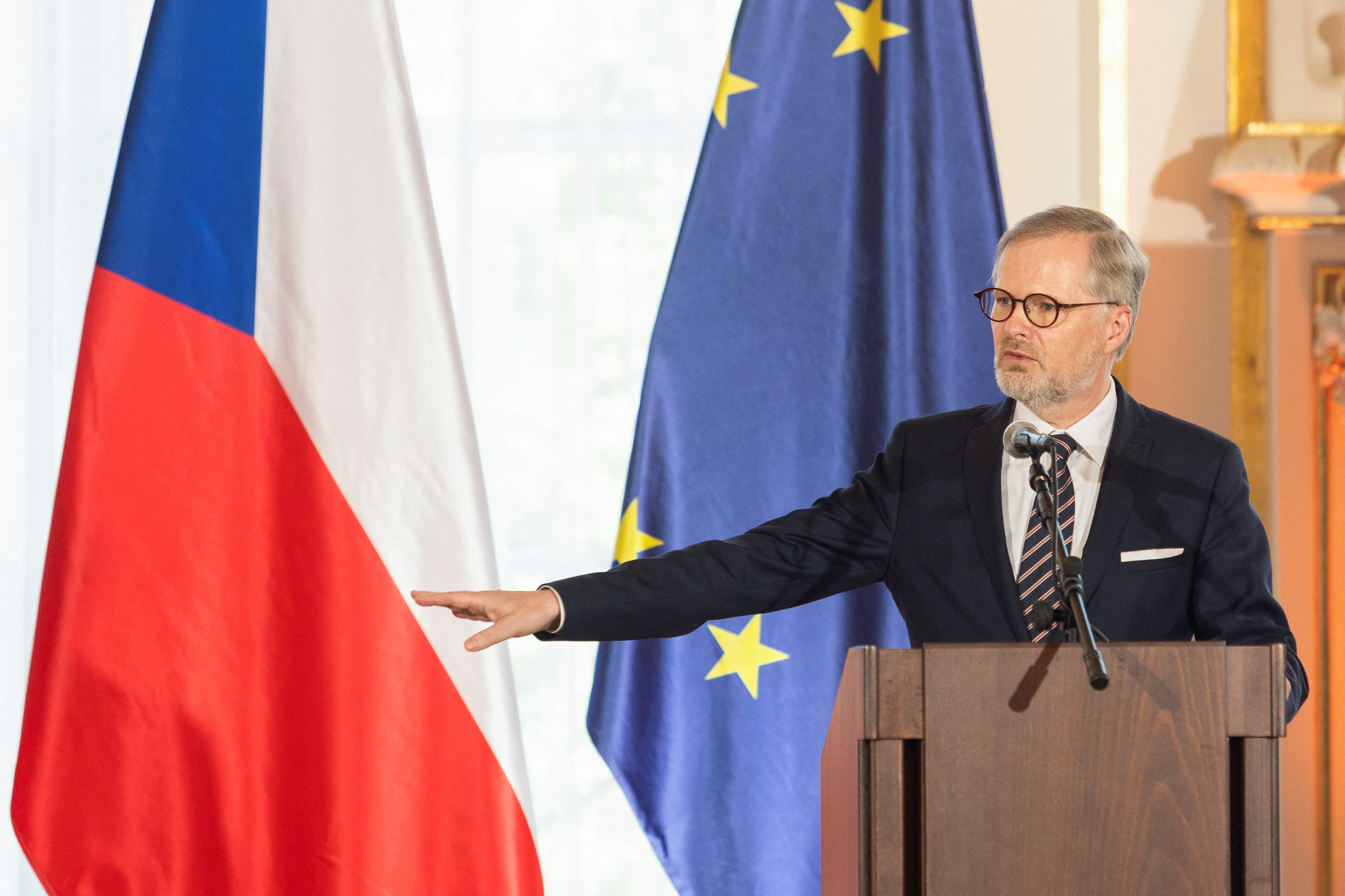Czech Republic's PM Petr Fiala attends a conference '20 years of the Czech Republic in the EU: A vision for an enlarged Europe' in Prague