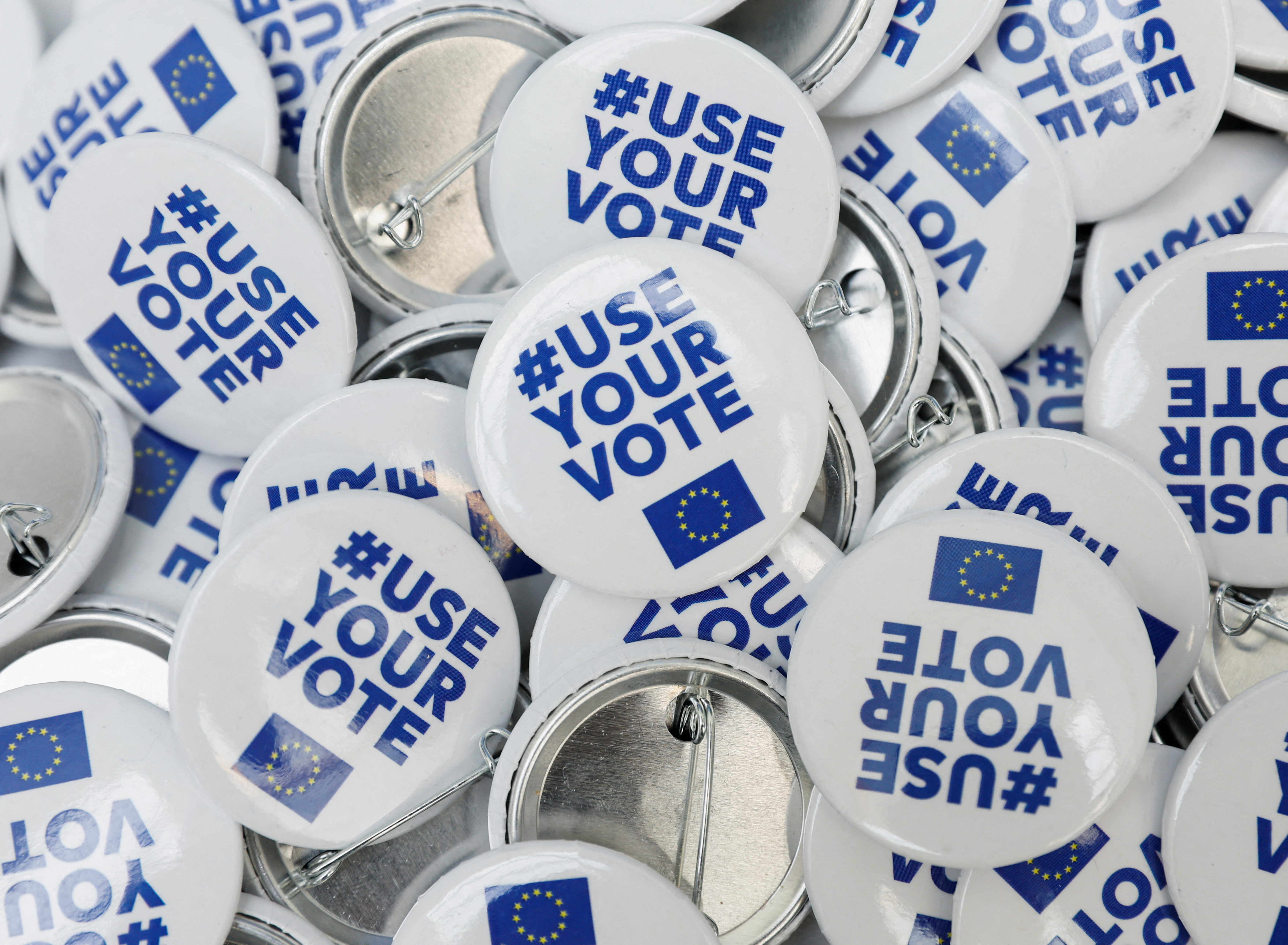 FILE PHOTO: Pin badges encouraging people to vote in June's European Parliament elections are seen, in Malta