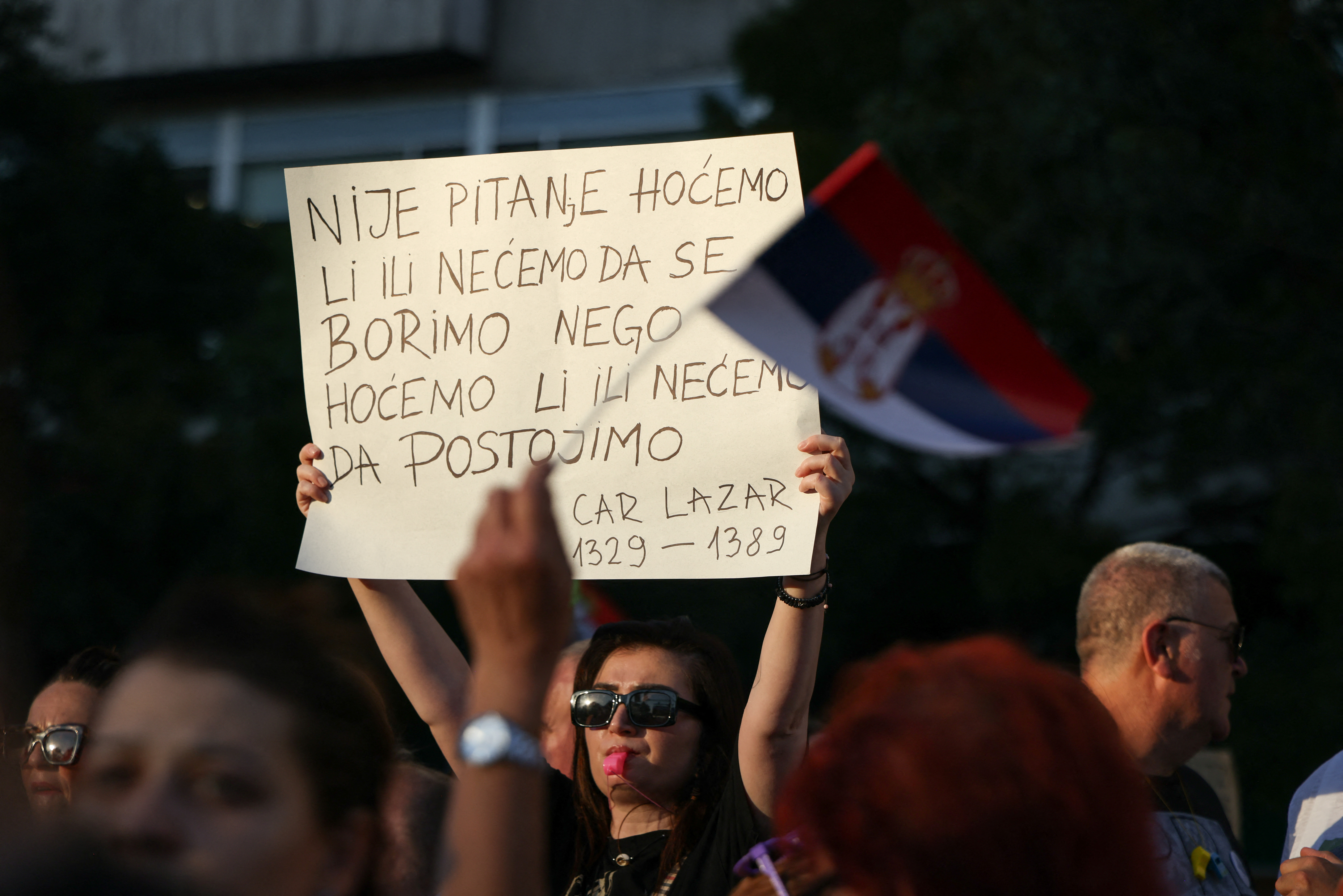 People attend a protest against Rio Tinto's lithium mining project, in Belgrade