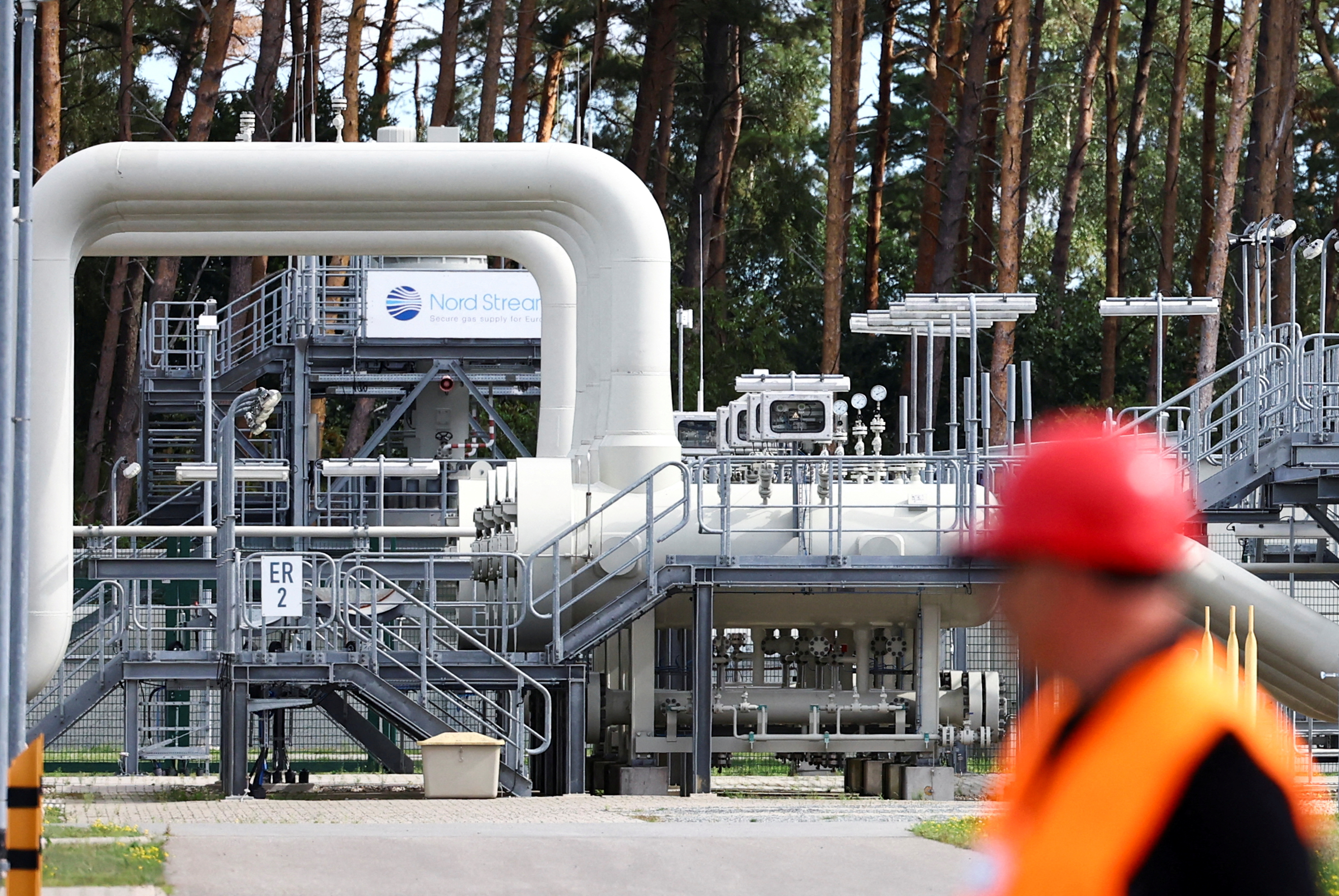 FILE PHOTO: View towards Nord Stream 1 Baltic Sea pipeline and the transfer station of the Baltic Sea Pipeline Link in the industrial area of Lubmin