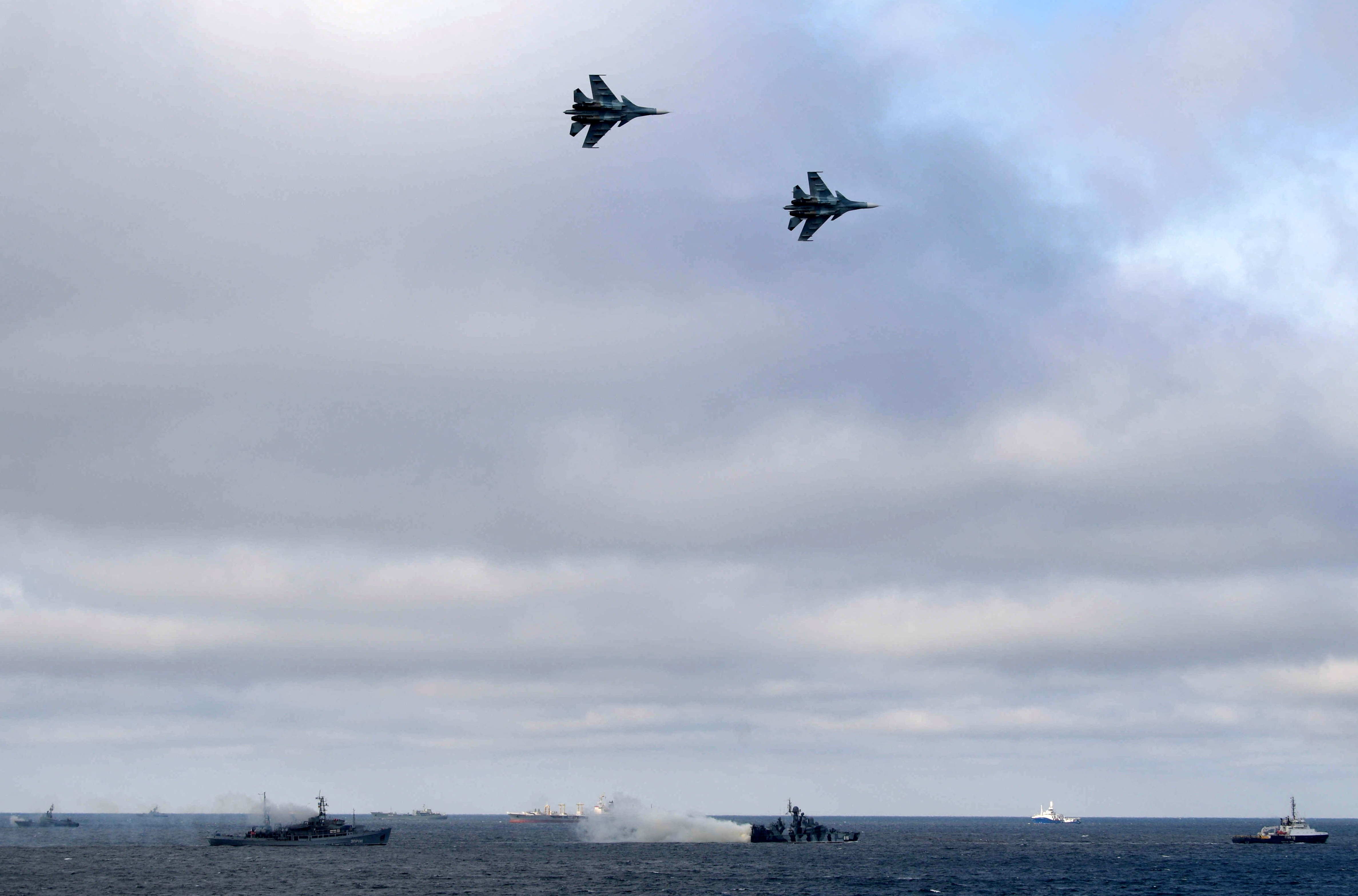 FILE PHOTO: Russian Navy's ships and jet fighters are seen during the joint drills of the Northern and Black Sea fleets, in the Black Sea, off the coast of Crimea