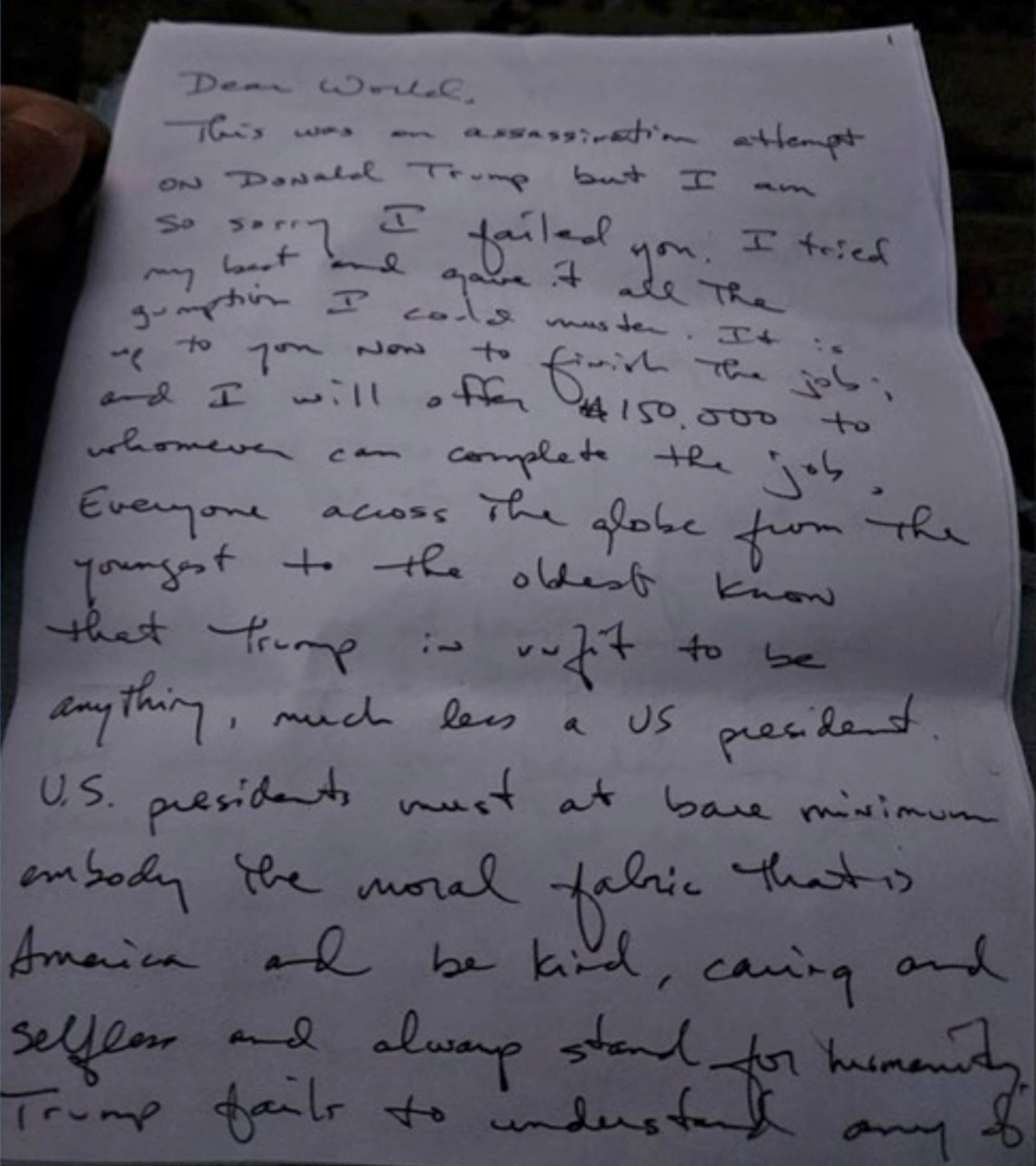 Picture of the first page of the handwritten letter said to be by Ryan Routh