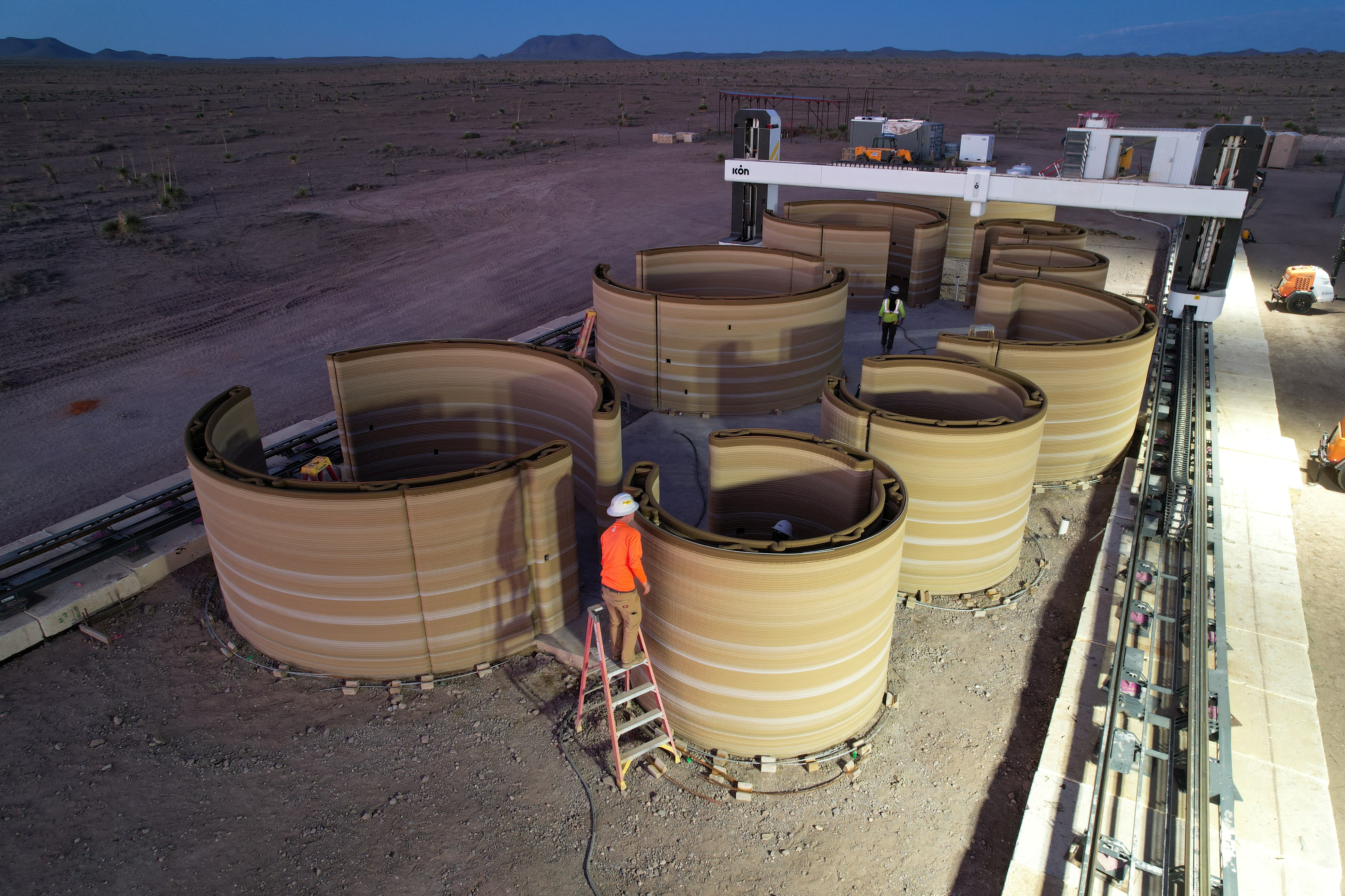 An aerial view of the first 3D-printed model unit of El Cosmico campground and hotel in Marfa