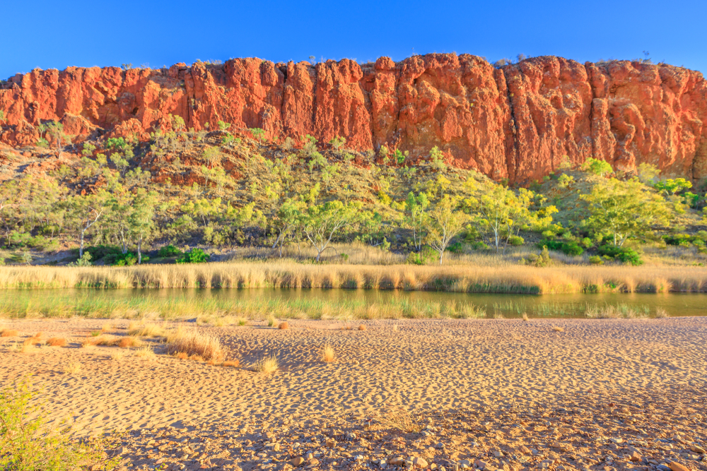 White,Sand,At,Shoreline,Of,Waterhole,At,Glen,Helen,Gorge