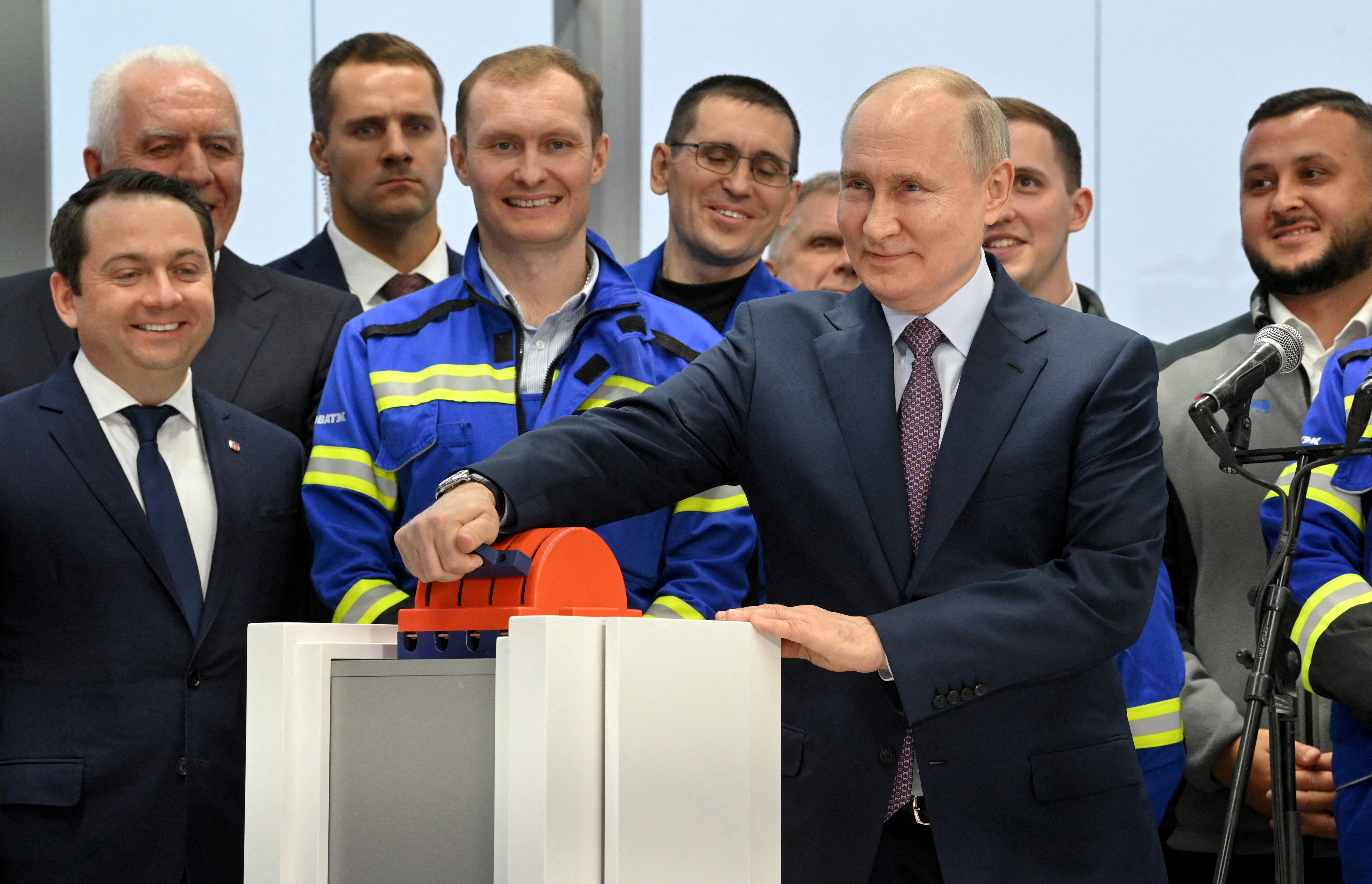 FILE PHOTO: Russian President Putin launches the first natural gas liquefaction line on a gravity-type base for the Arctic LNG-2 project in Murmansk region