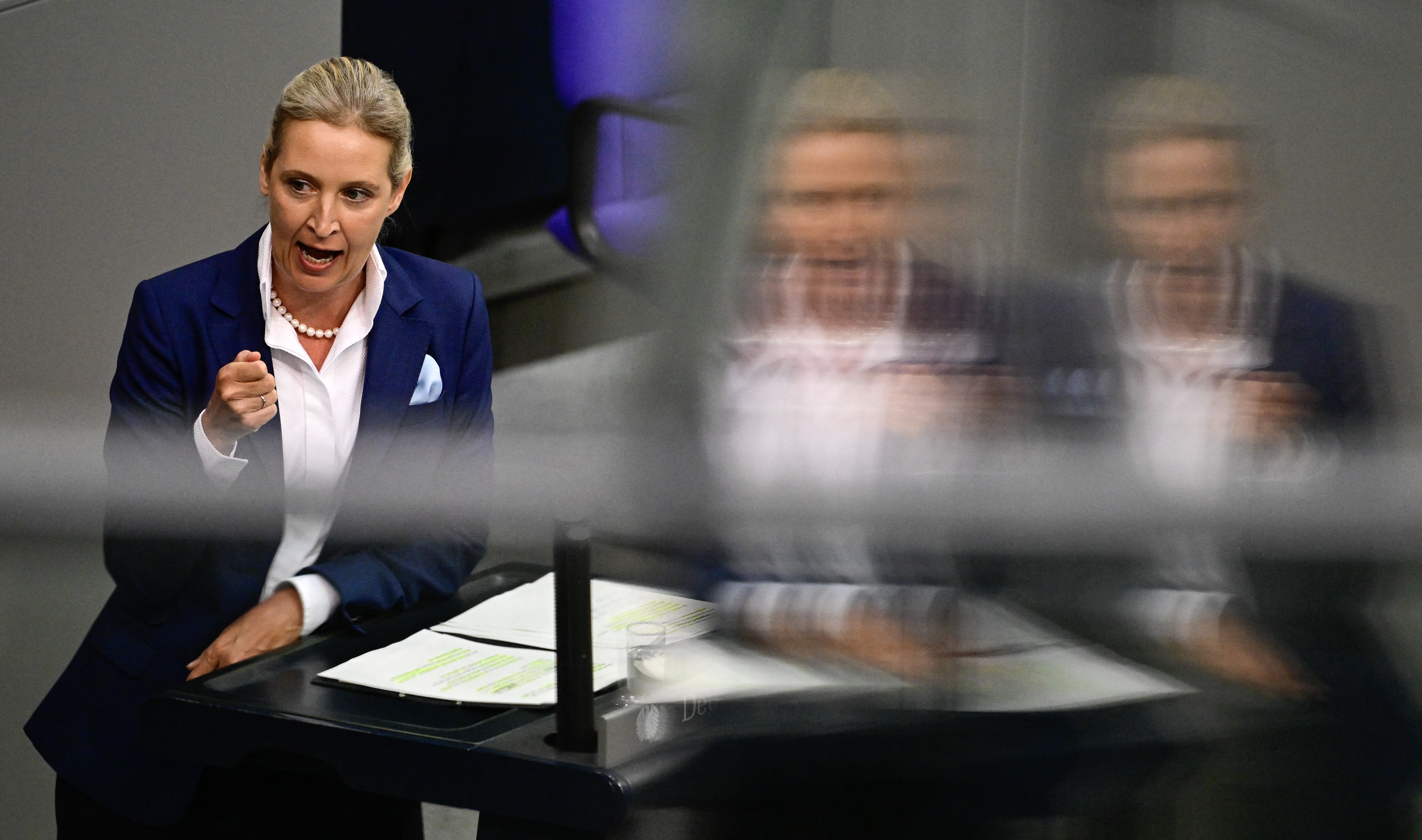 The co-leader of the far-right Alternative for Germany (AfD) party Alice Weidel speaks during a plenary session in the Bundestag, Germany's lower house of parliament, in Berlin on September 11, 2024.