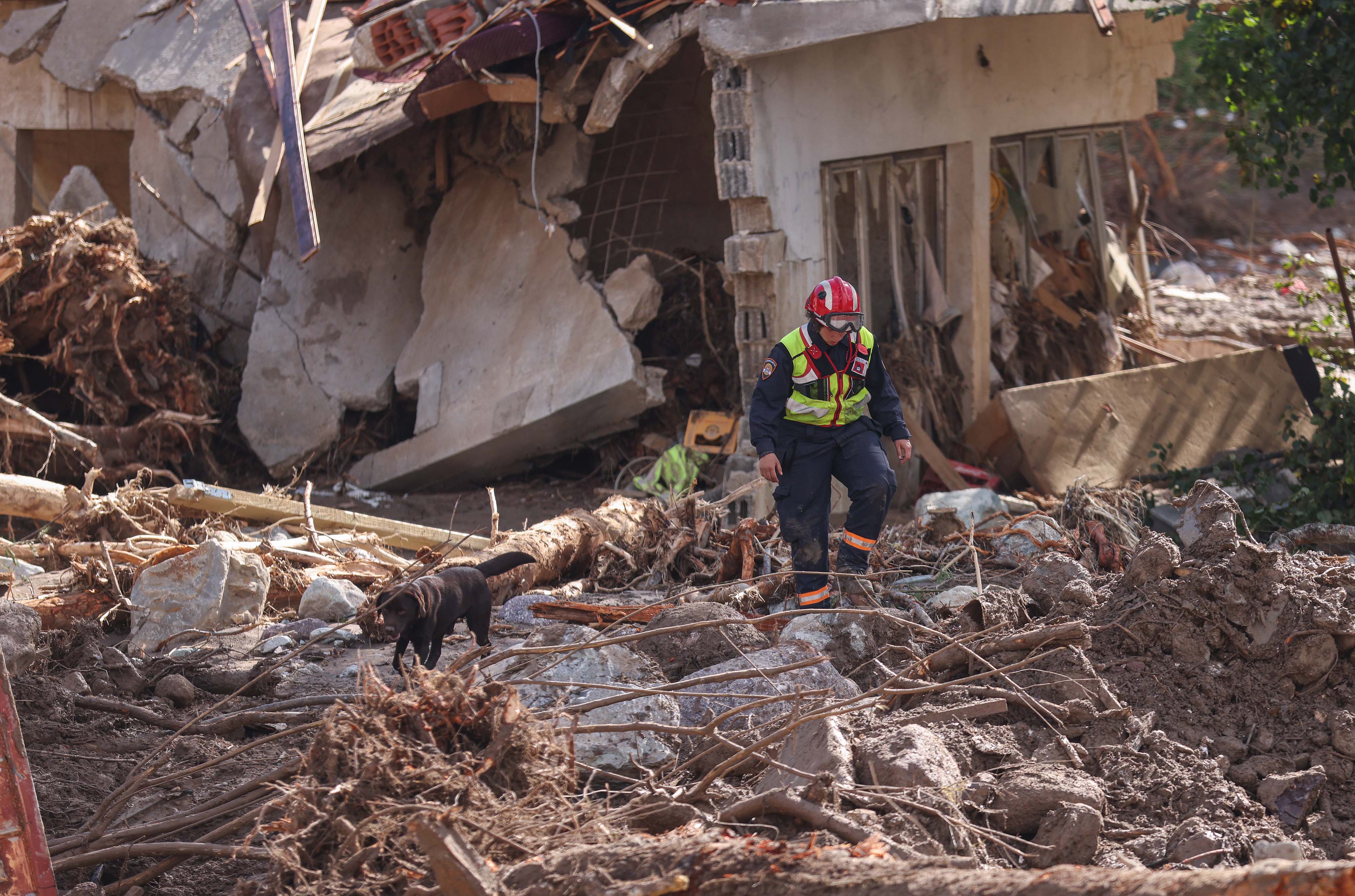 Nika Markoč i pas Garmin u pregledu terena u naselju Buturović Polje u potrazi za stradalima