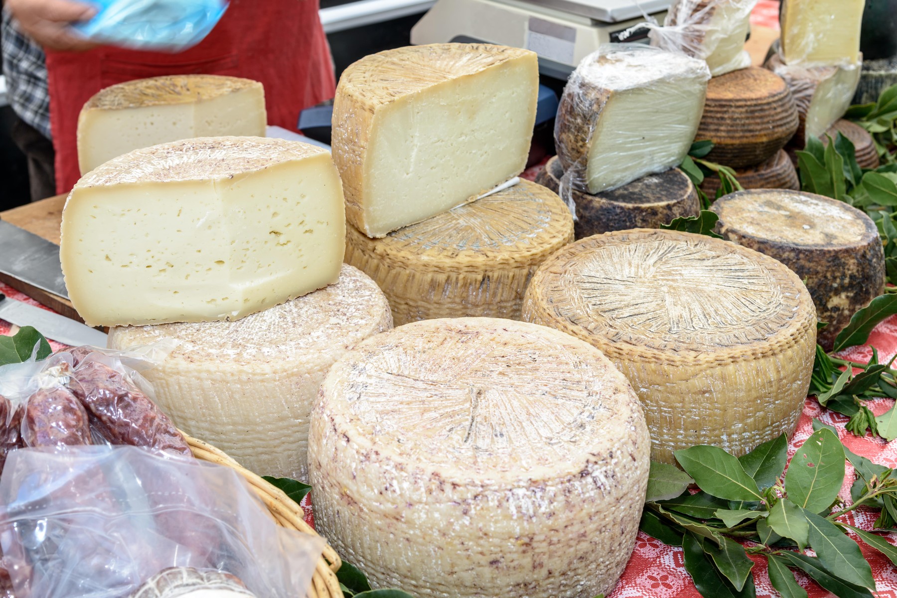 Pecorino cheese typical processing of Sardinia exposed for sale.