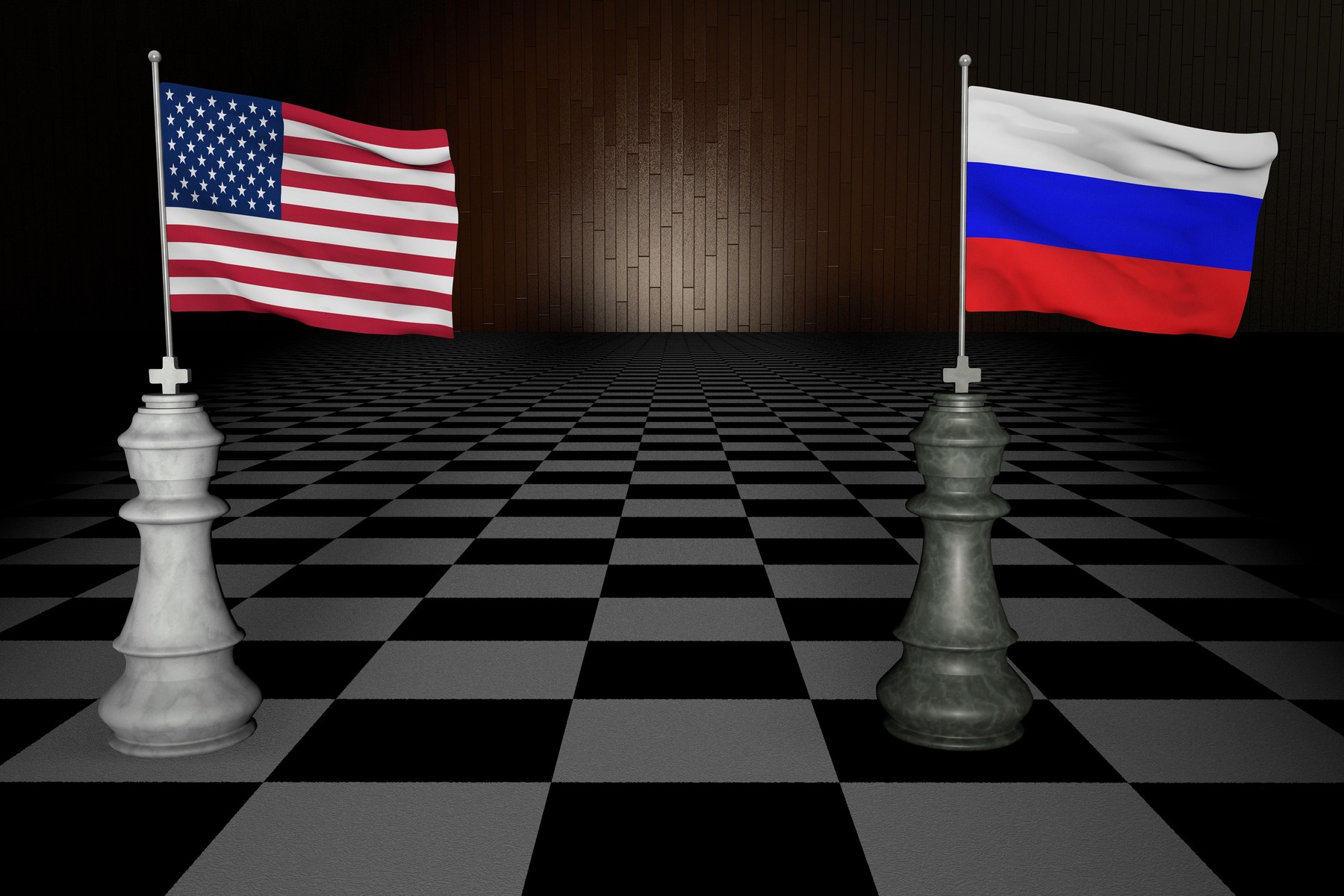 Spectacular concept rendering of two piece checkers chess representing the United States of America USA and Russia 3D RENDERING.