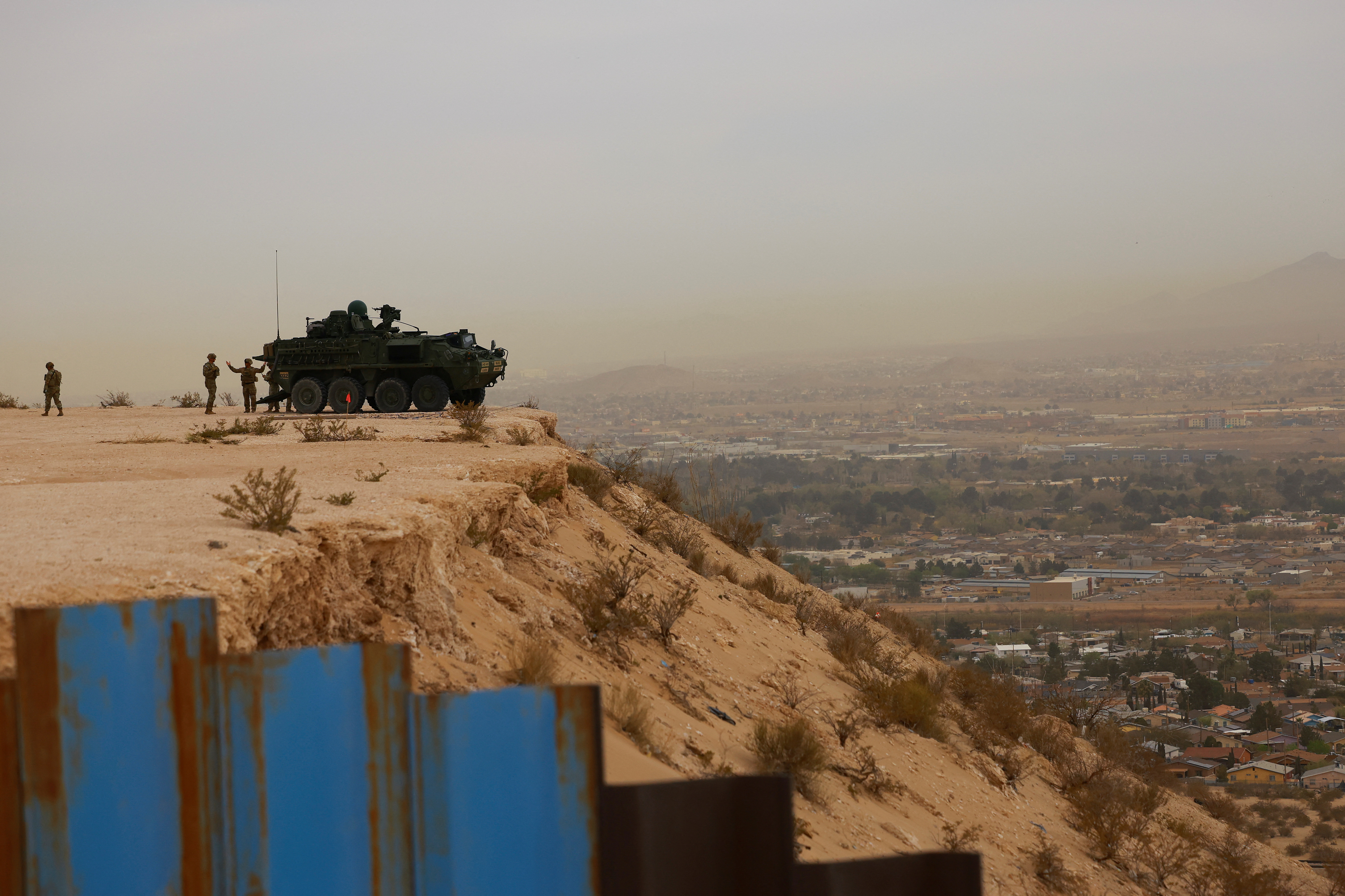 U.S. army Stryker armored vehicles on the U.S.-Mexico border
