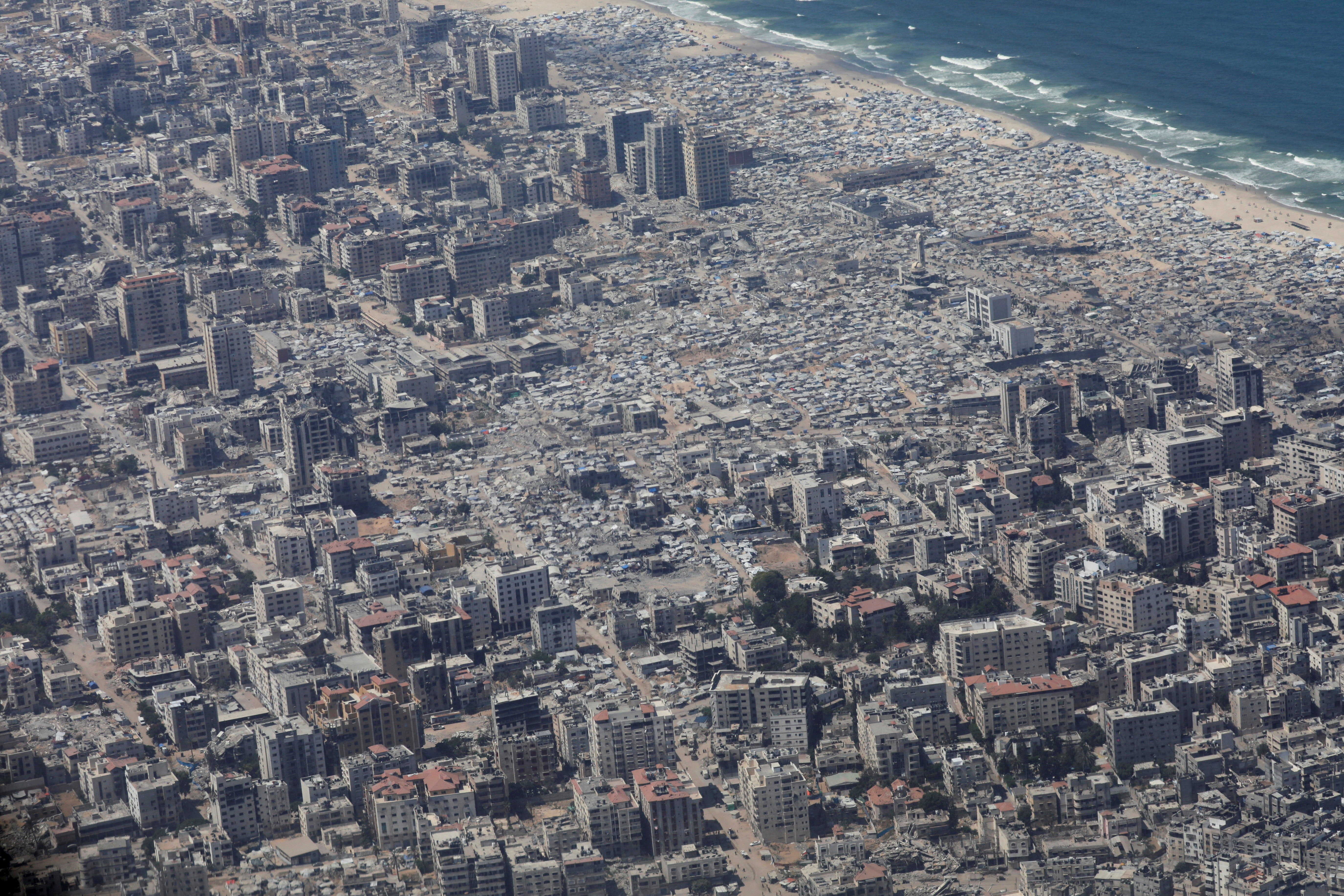An aerial view from a Jordanian military aircraft shows the Gaza Strip, before humanitarian aid is airdropped over it