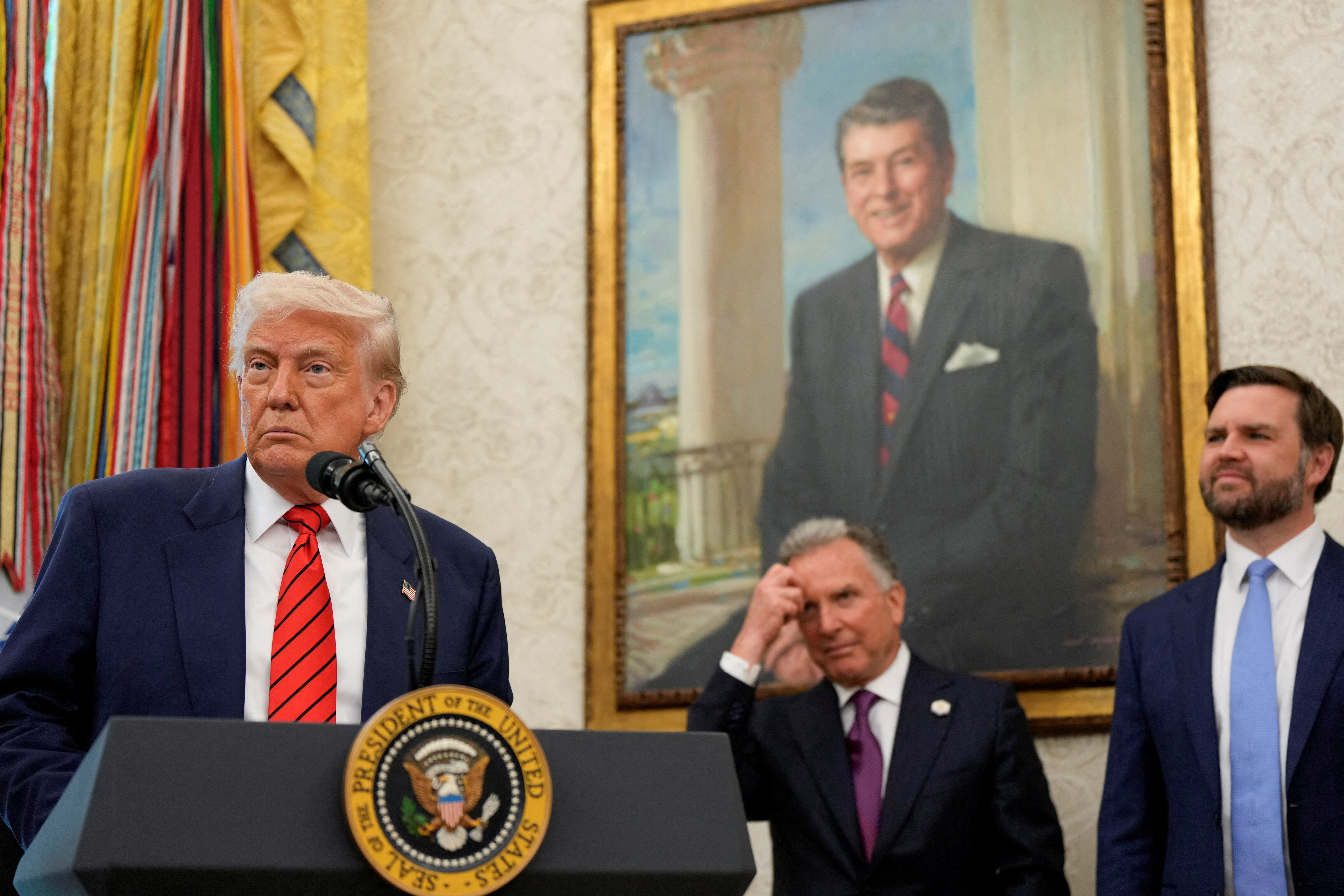 FILE PHOTO: U.S. President Donald Trump speaks during a swearing-in ceremony of Special Envoy Steve Witkoff in the Oval Office at the White House in Washington, D.C., U.S., May 6, 2025.