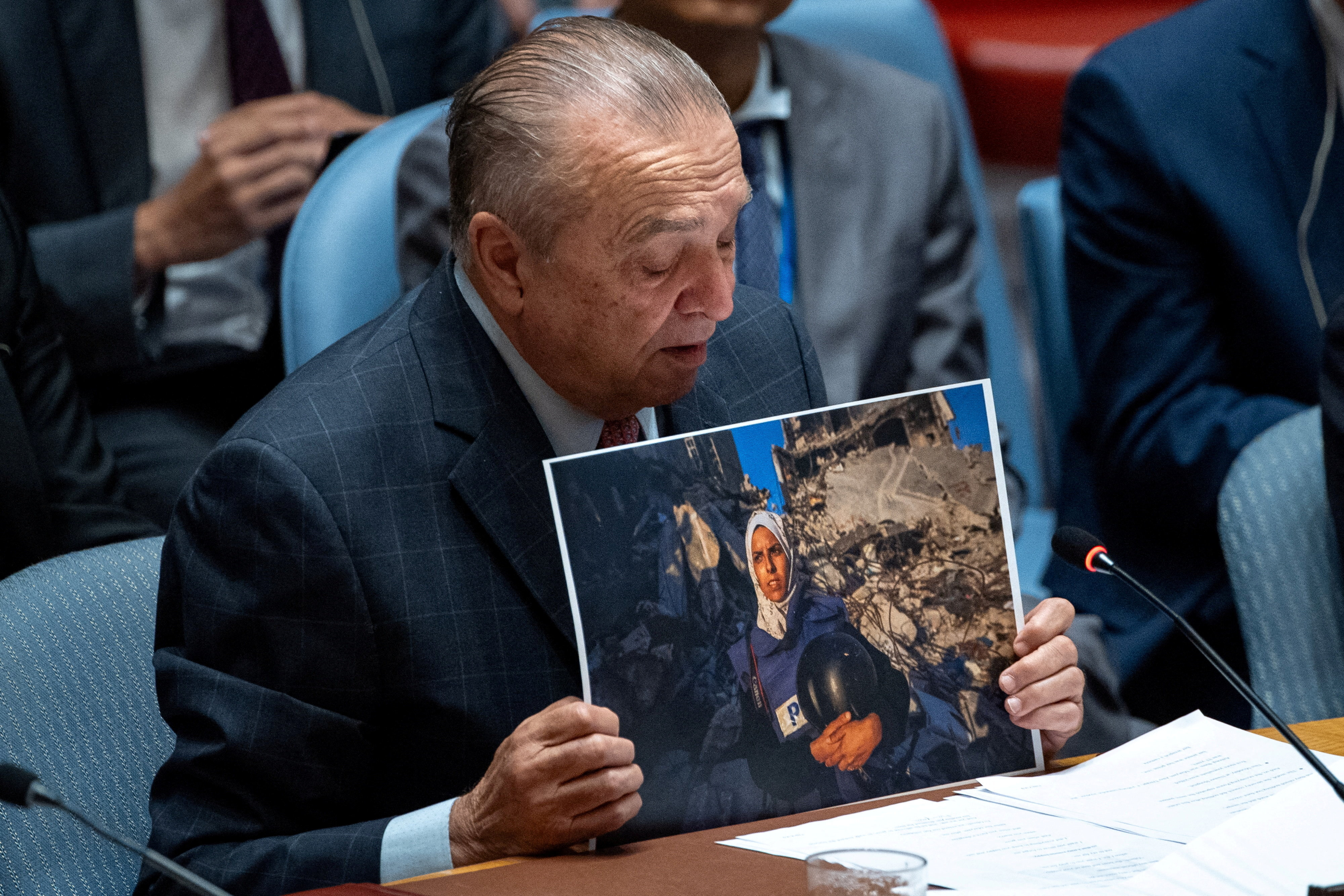 Algerian Ambassador to the United Nations Amar Bendjama speaks about Mariam Abu Dagga, one of the journalists killed in Gaza, while addressing the United Nations Security Council