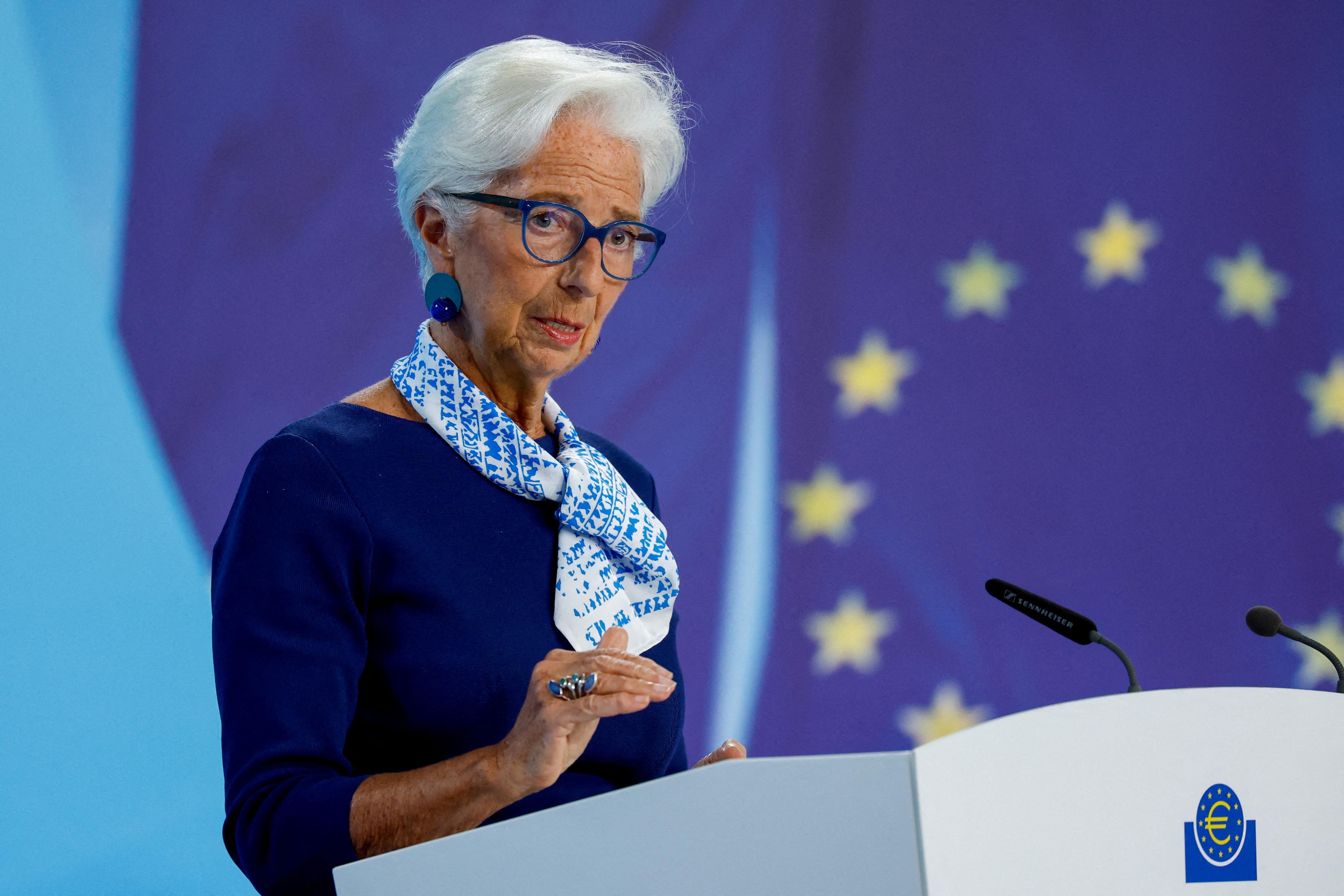 FILE PHOTO: European Central Bank (ECB) President Christine Lagarde addresses the media after the ECB's Governing Council meeting, at the ECB headquarters in Frankfurt, Germany, July 24, 2025.