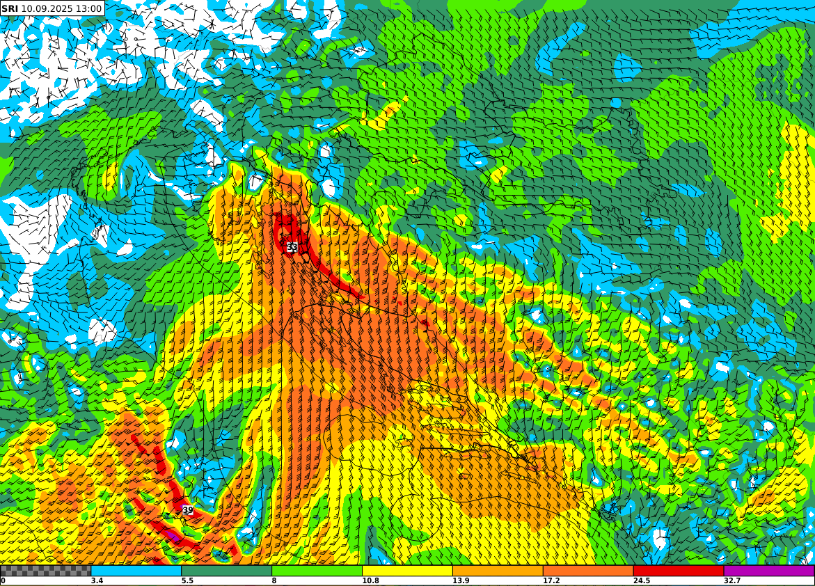 Prognoza udara vjetra (ms) u srijedu, 11. rujna 2025