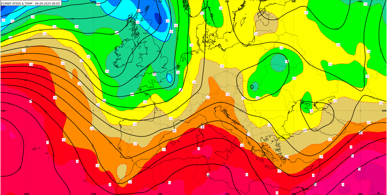 Animacija1 - Prognoza apsolutne topografije (AT) i temperature na 500 hPa od utorka, 9. rujna  2025. u 06 UTC do petka, 12. rujna 202