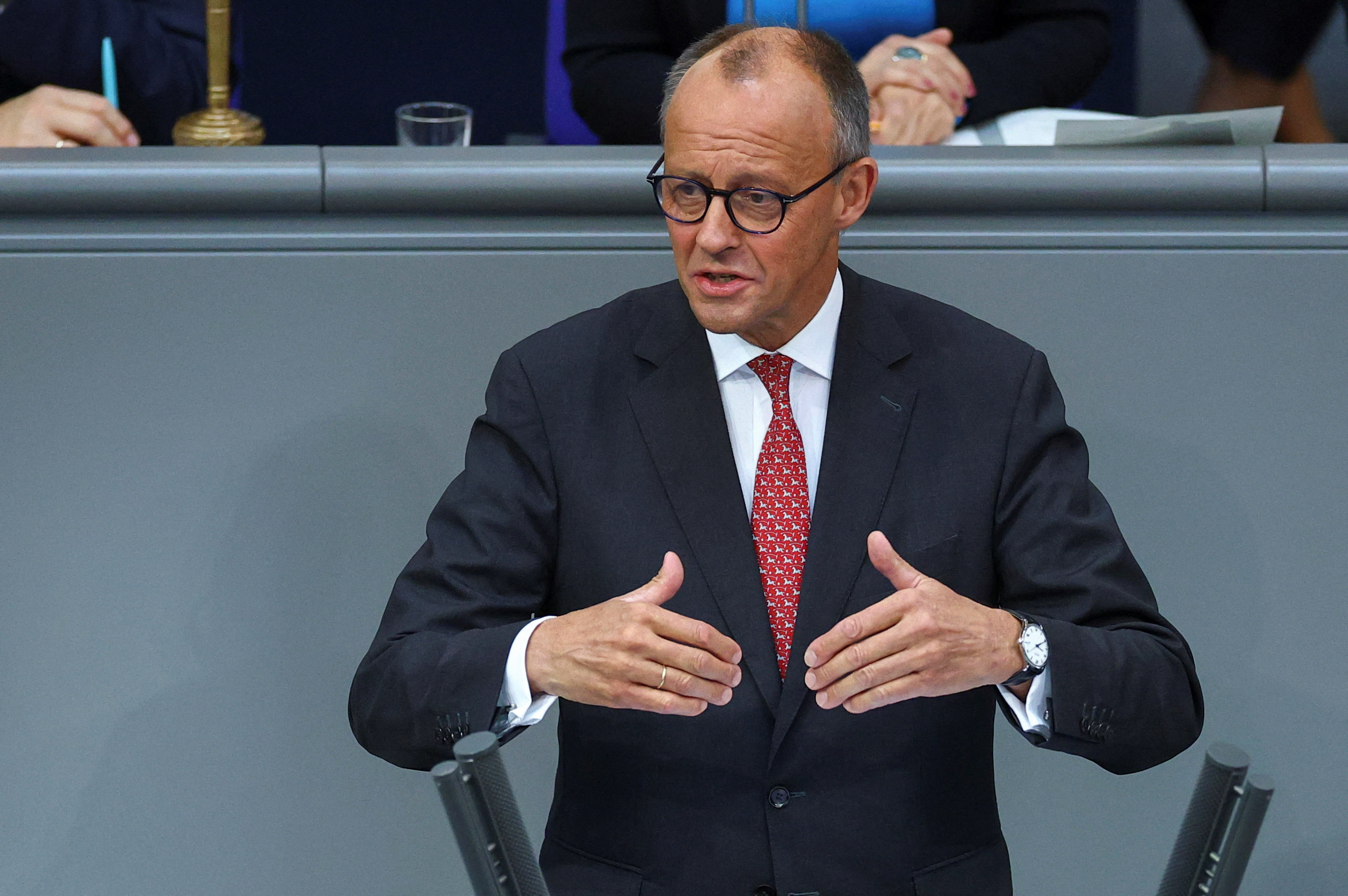 German Chancellor Friedrich Merz speaks at the 2025 budget debate of the Bundestag lower house of parliament in Berlin, Germany, September 17, 2025. REUTERS/Lisi Niesner