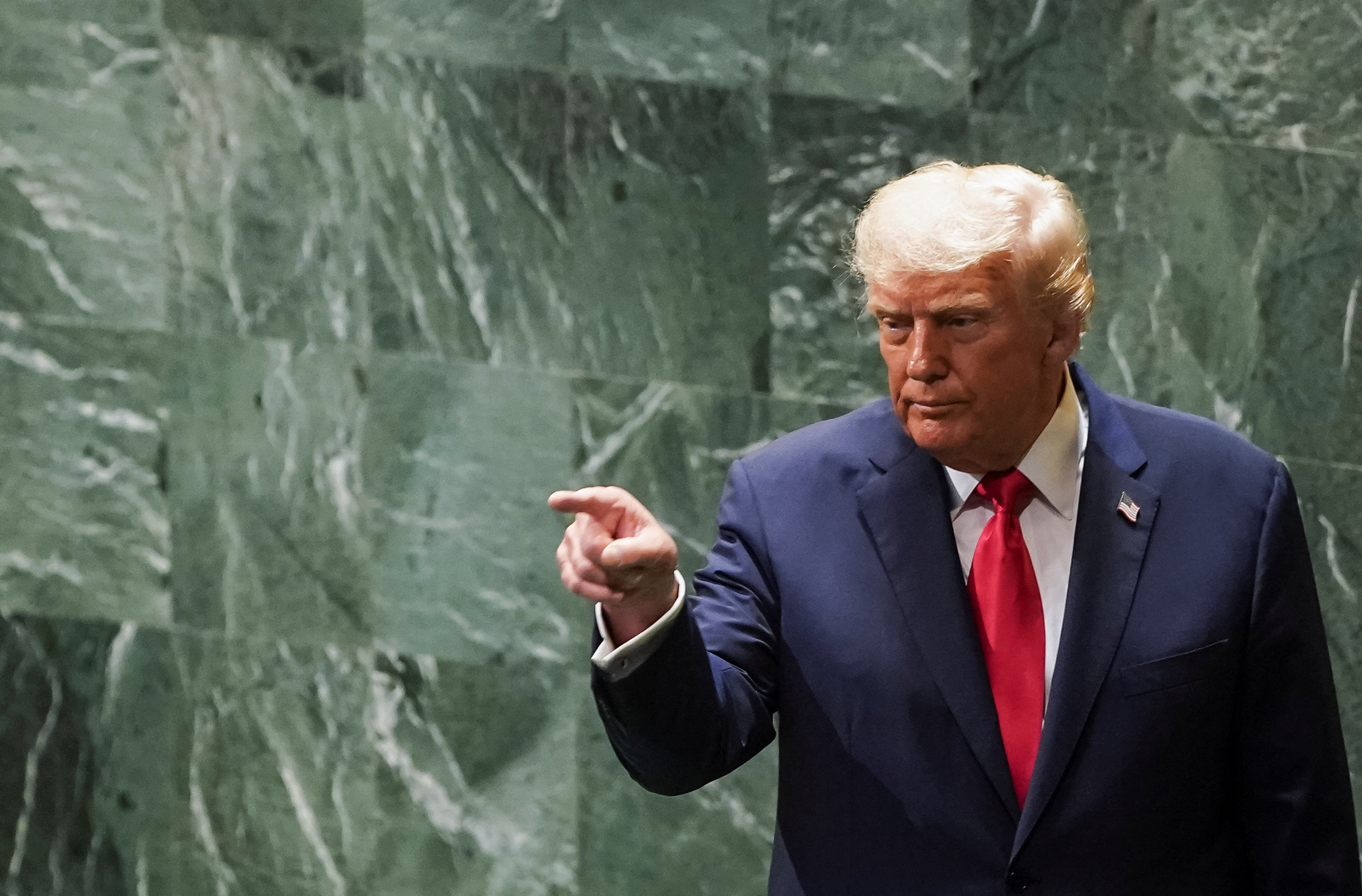 U.S. President Donald Trump gestures after addressing the 80th United Nations General Assembly, in New York City,