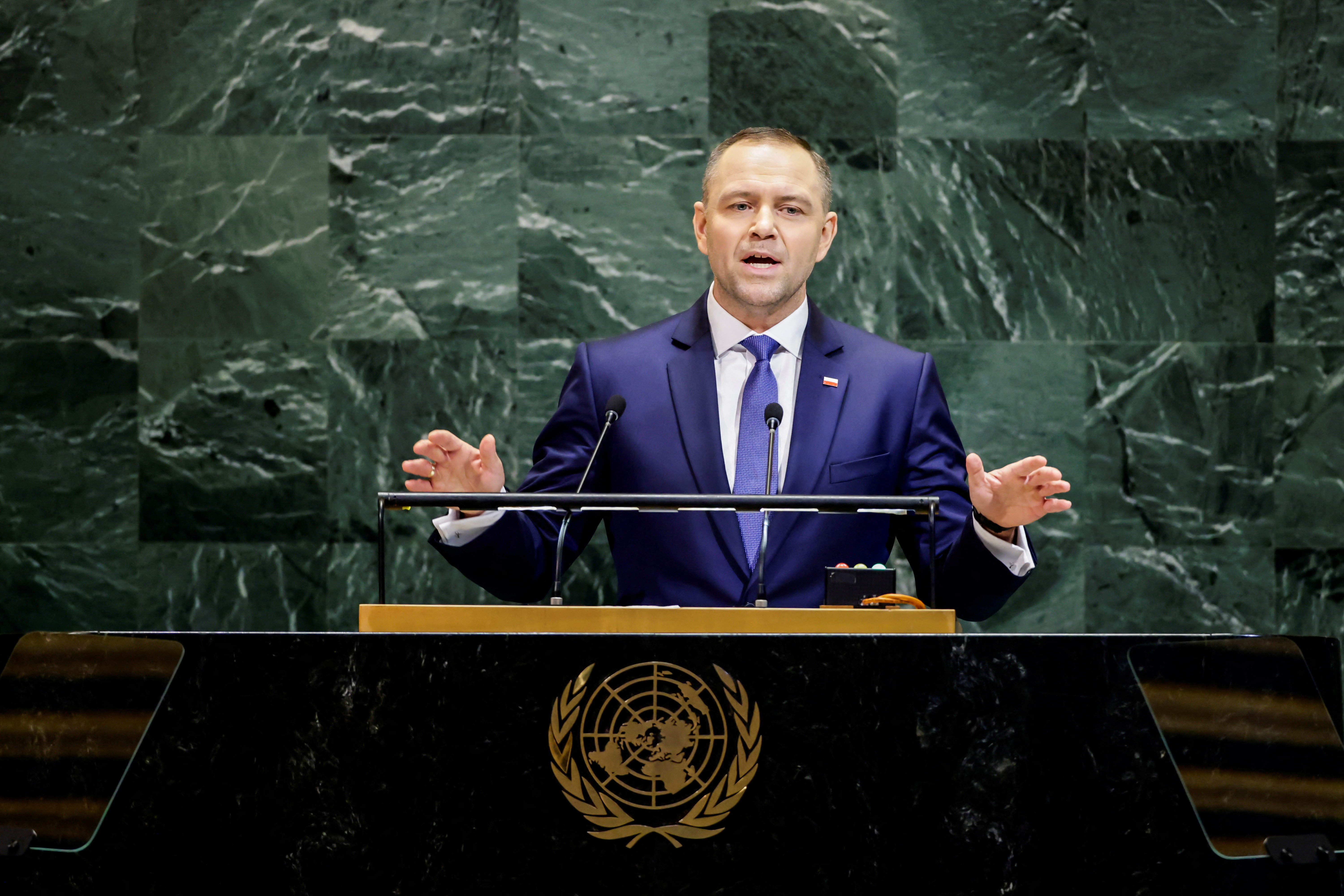 Poland's president Karol Nawrocki addresses the 80th United Nations General Assembly at U.N. headquarters in New York, U.S., September 23, 2025. REUTERS/Eduardo Munoz