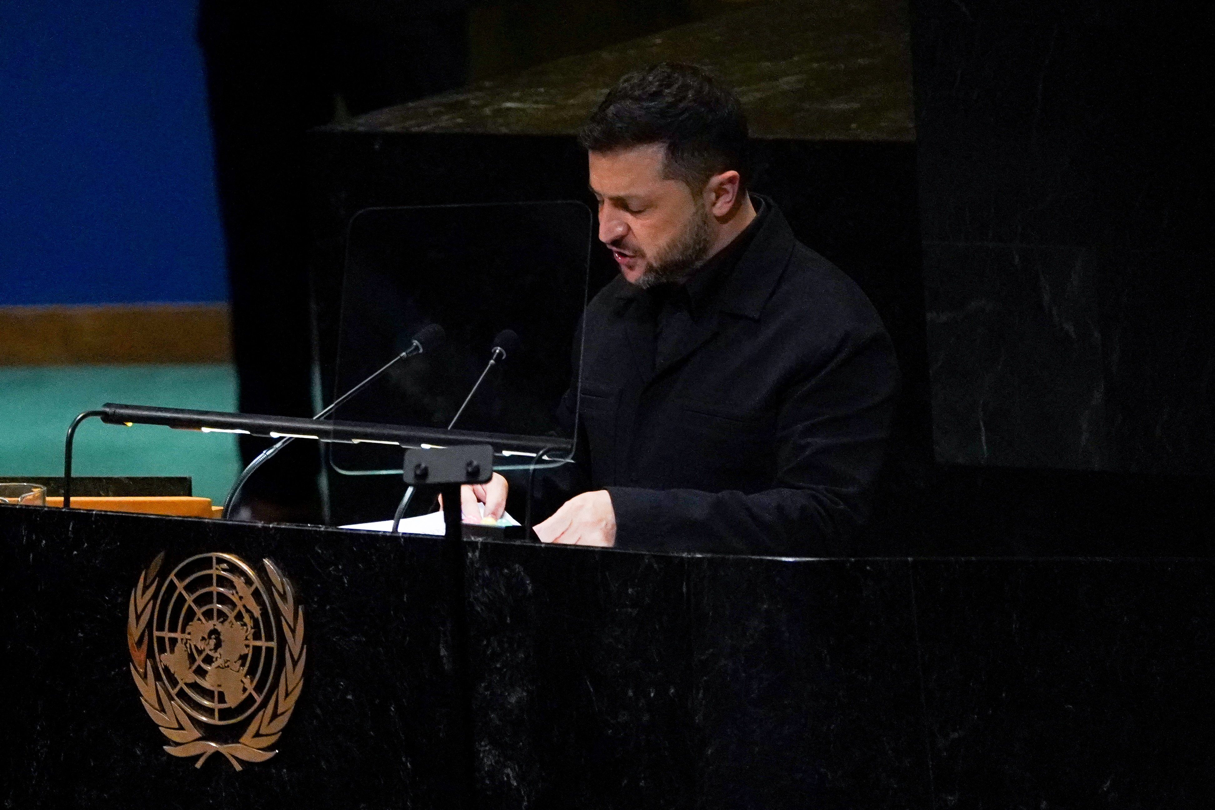 Ukraine's President Volodymyr Zelenskiy addresses the 80th United Nations General Assembly (UNGA) at the U.N. headquarters in New York, U.S., September 24, 2025. REUTERS/Bing Guan