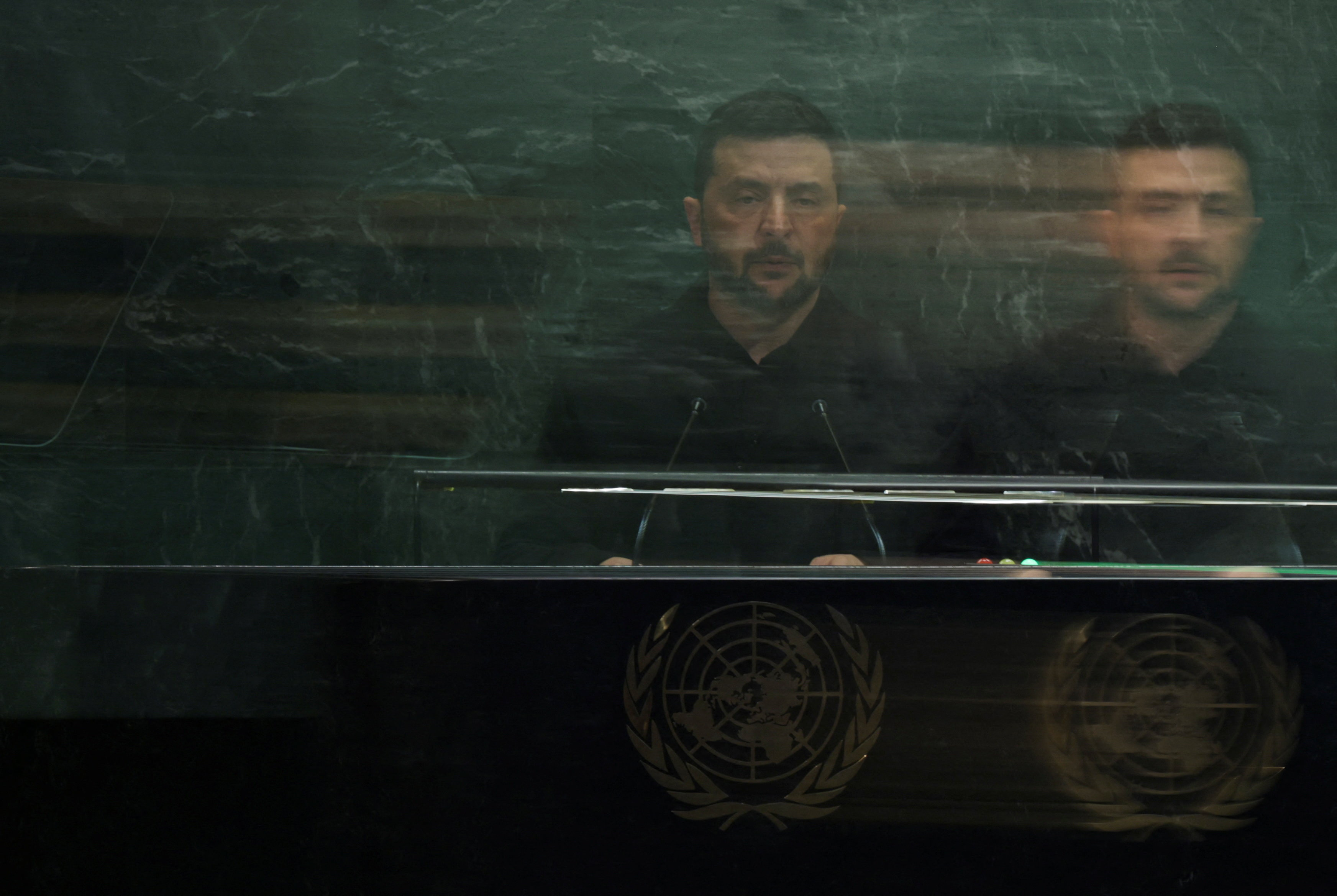Ukraine's President Volodymyr Zelenskiy addresses the 80th United Nations General Assembly (UNGA) at the U.N. headquarters in New York, U.S., September 24, 2025. REUTERS/Jeenah Moon