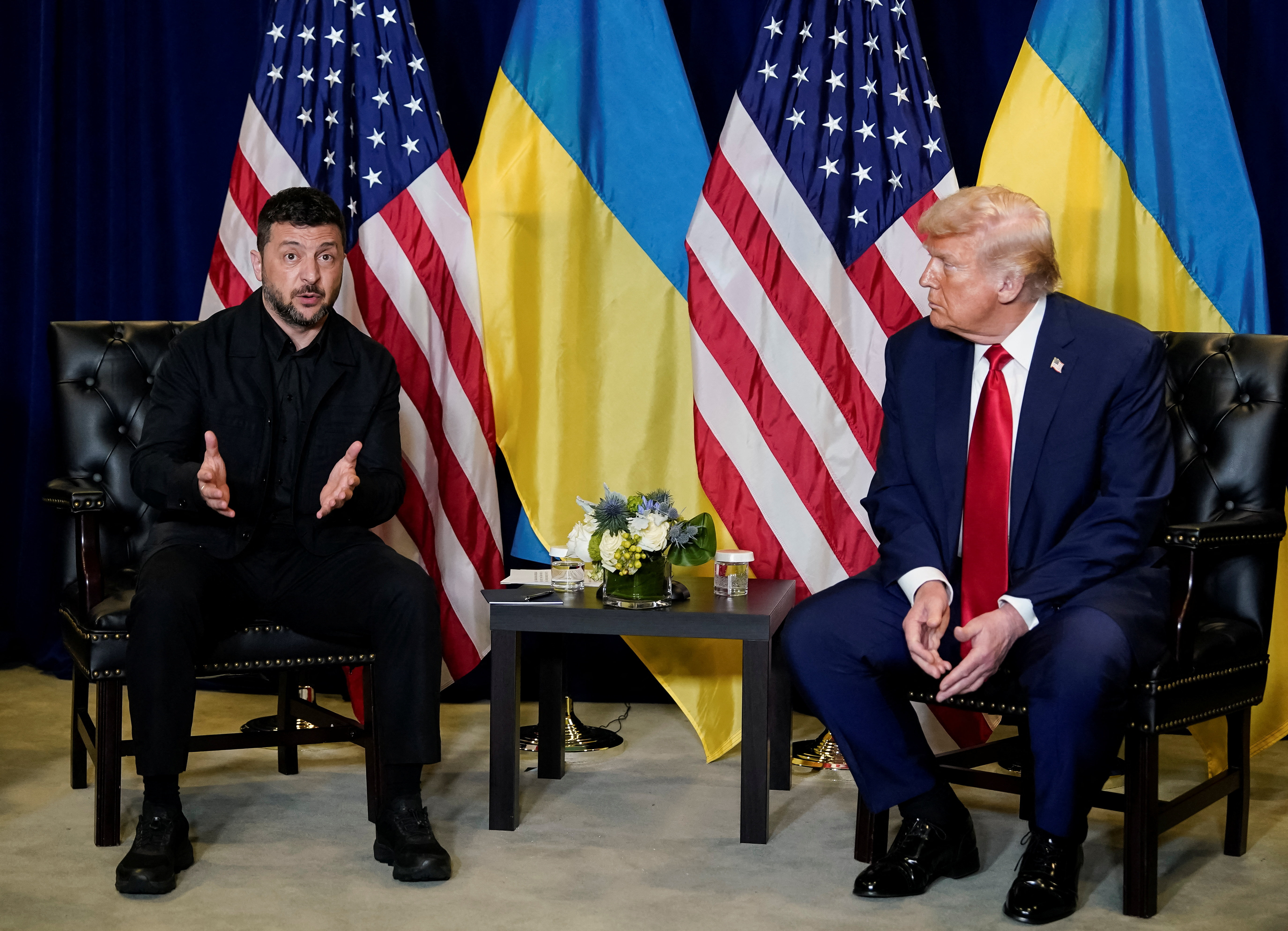 U.S. President Donald Trump meets with Ukrainian President Volodymyr Zelenskiy during the 80th United Nations General Assembly, in New York City, New York, U.S., September 23, 2025. REUTERS/Al Drago