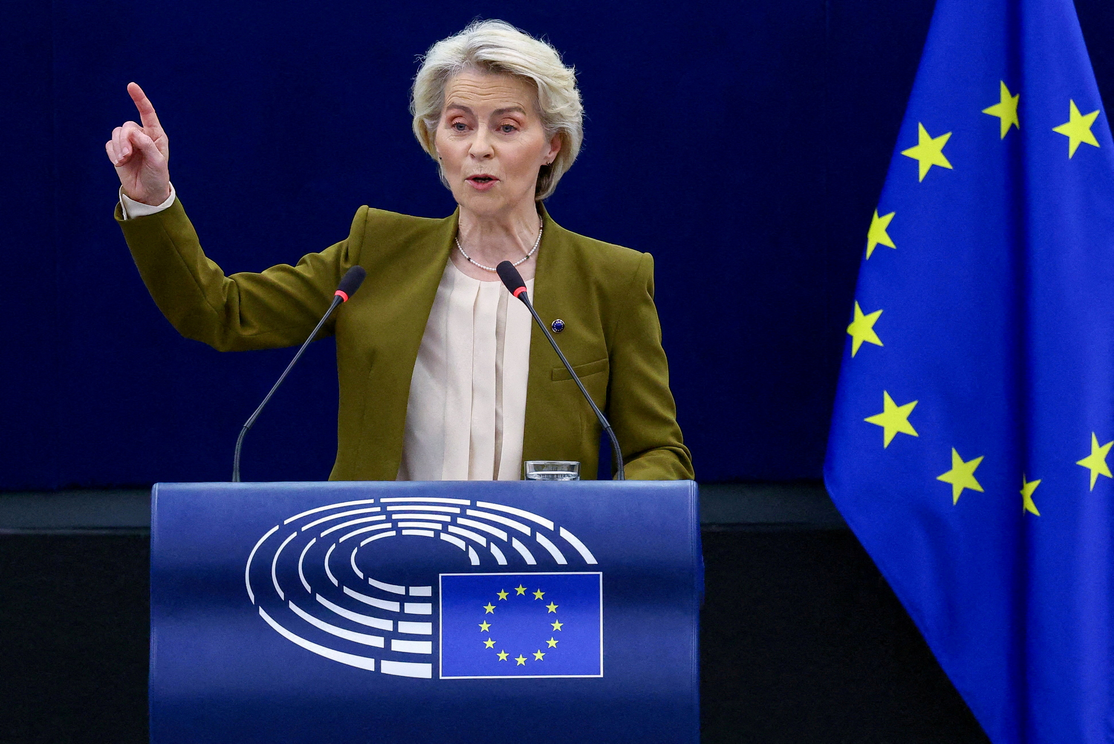 FILE PHOTO: European Commission President Ursula von der Leyen delivers the State of the European Union address to the European Parliament, in Strasbourg, France, September 10, 2025. REUTERS/Yves Herman/File Photo