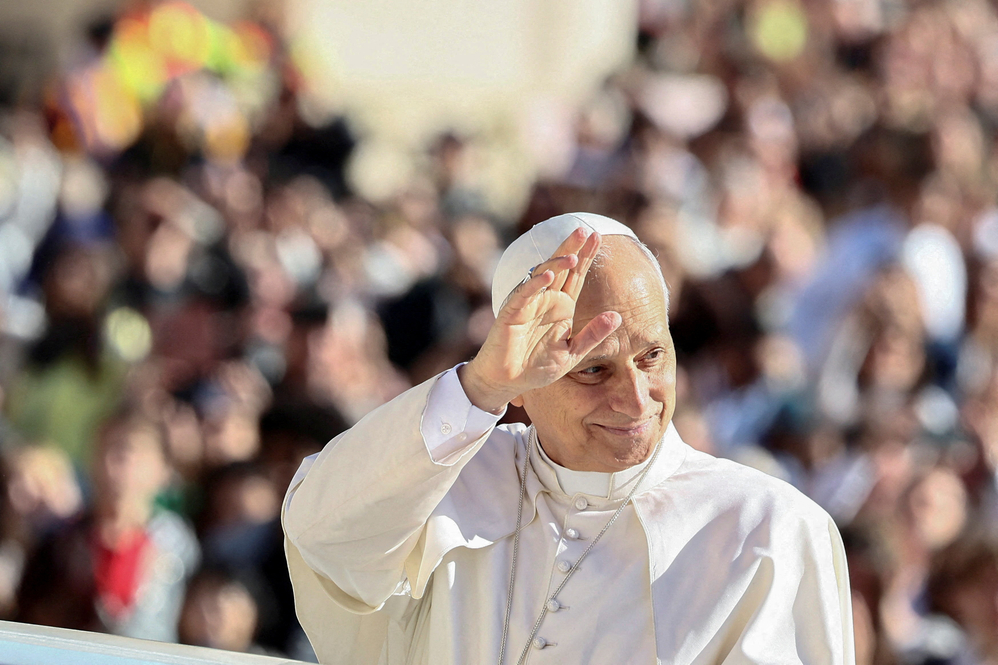 Pope Leo XIV gestures on the day of a general audience in St. Peter's Square at the Vatican, October 8, 2025. REUTERS/Yara Nardi     REFILE - QUALITY REPEAT