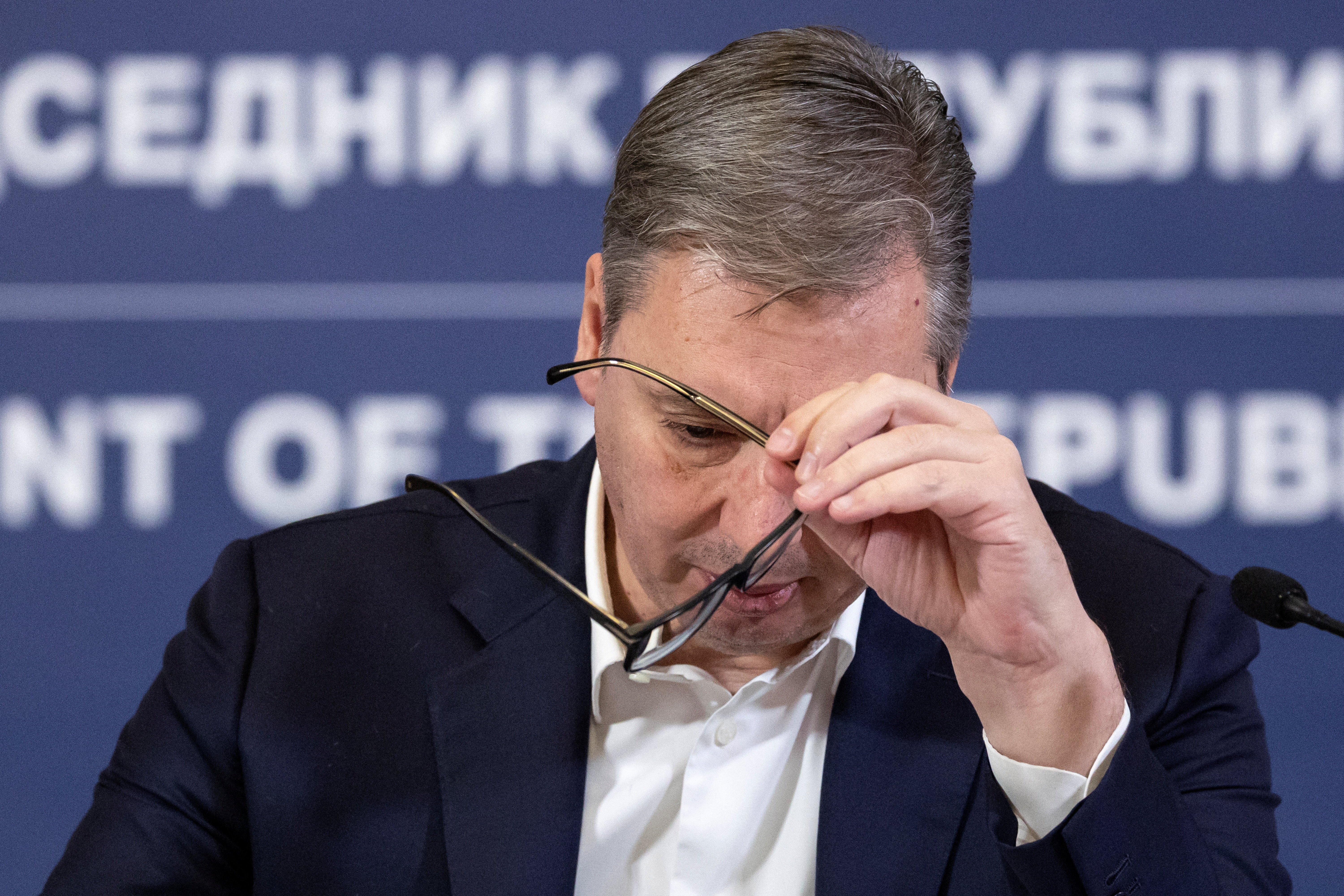 Serbia's President Aleksandar Vucic attends a press conference in his office in Belgrade, Serbia, October 9, 2025.