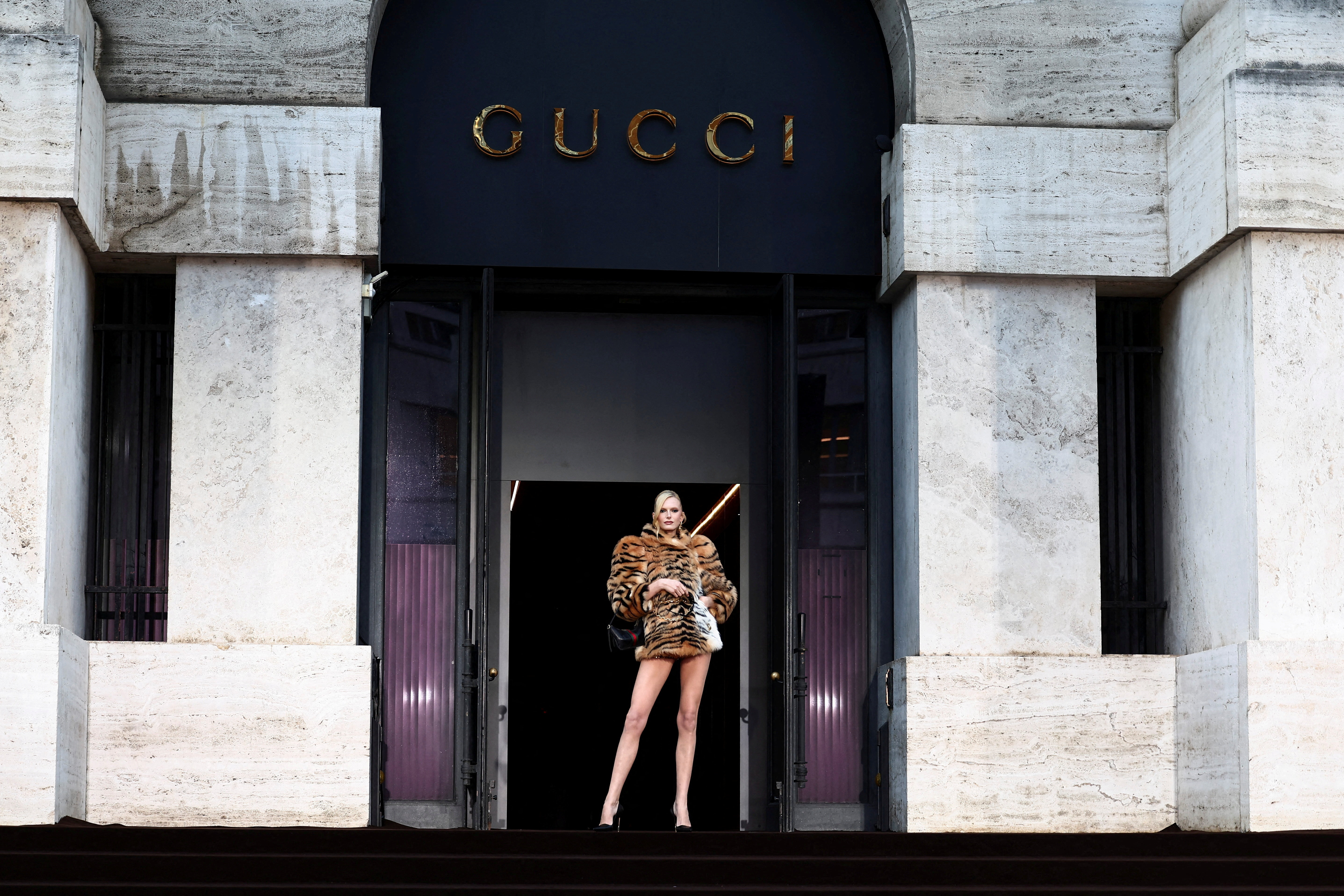 Alex Consani arrives for Gucci's exclusive screening of 'The Tiger', a short film directed by Spike Jonze and Halina Reijn during Milan Fashion Week, in Milan,