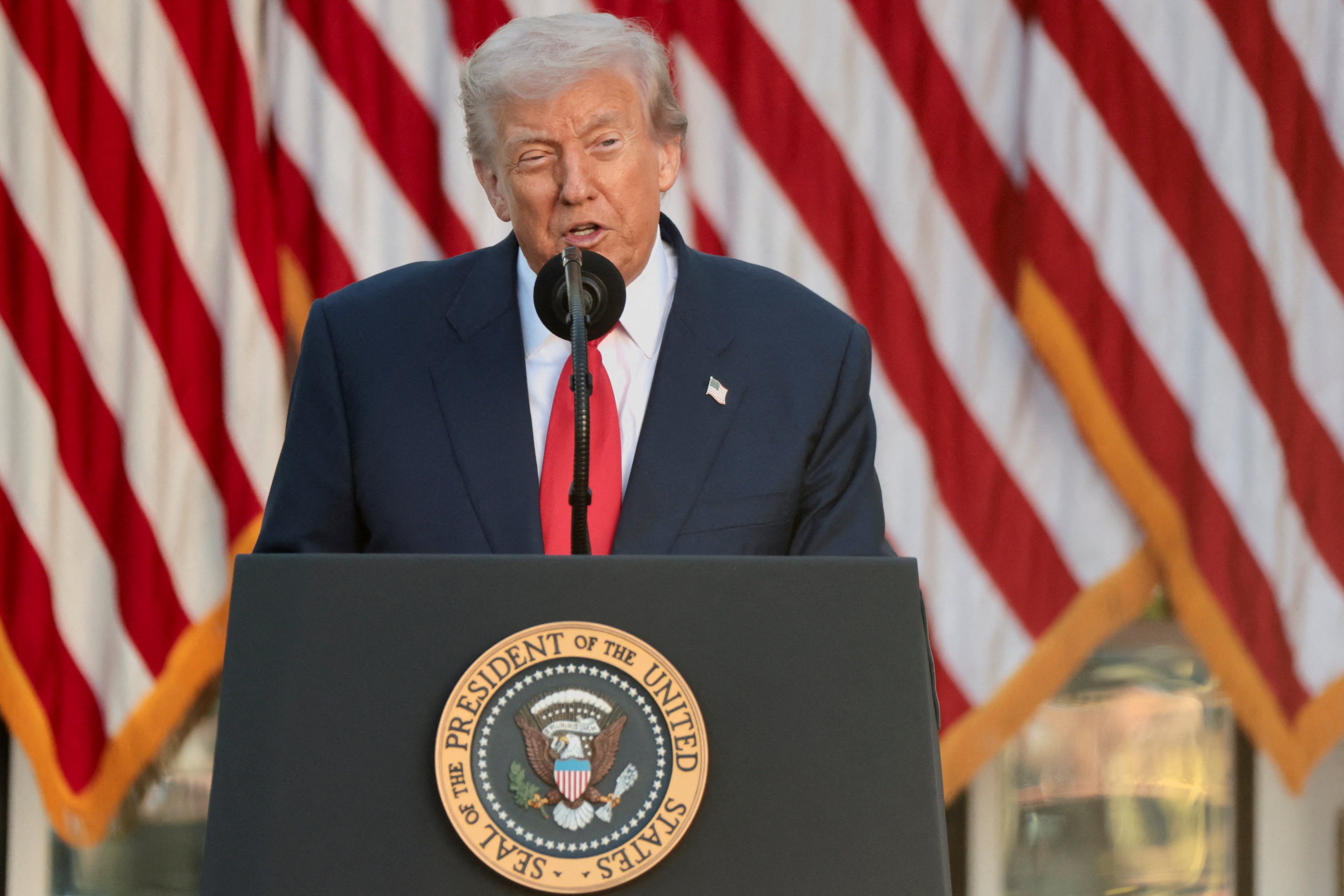 U.S. President Donald Trump delivers a speech during an event to posthumously award the Medal of Freedom to Charlie Kirk