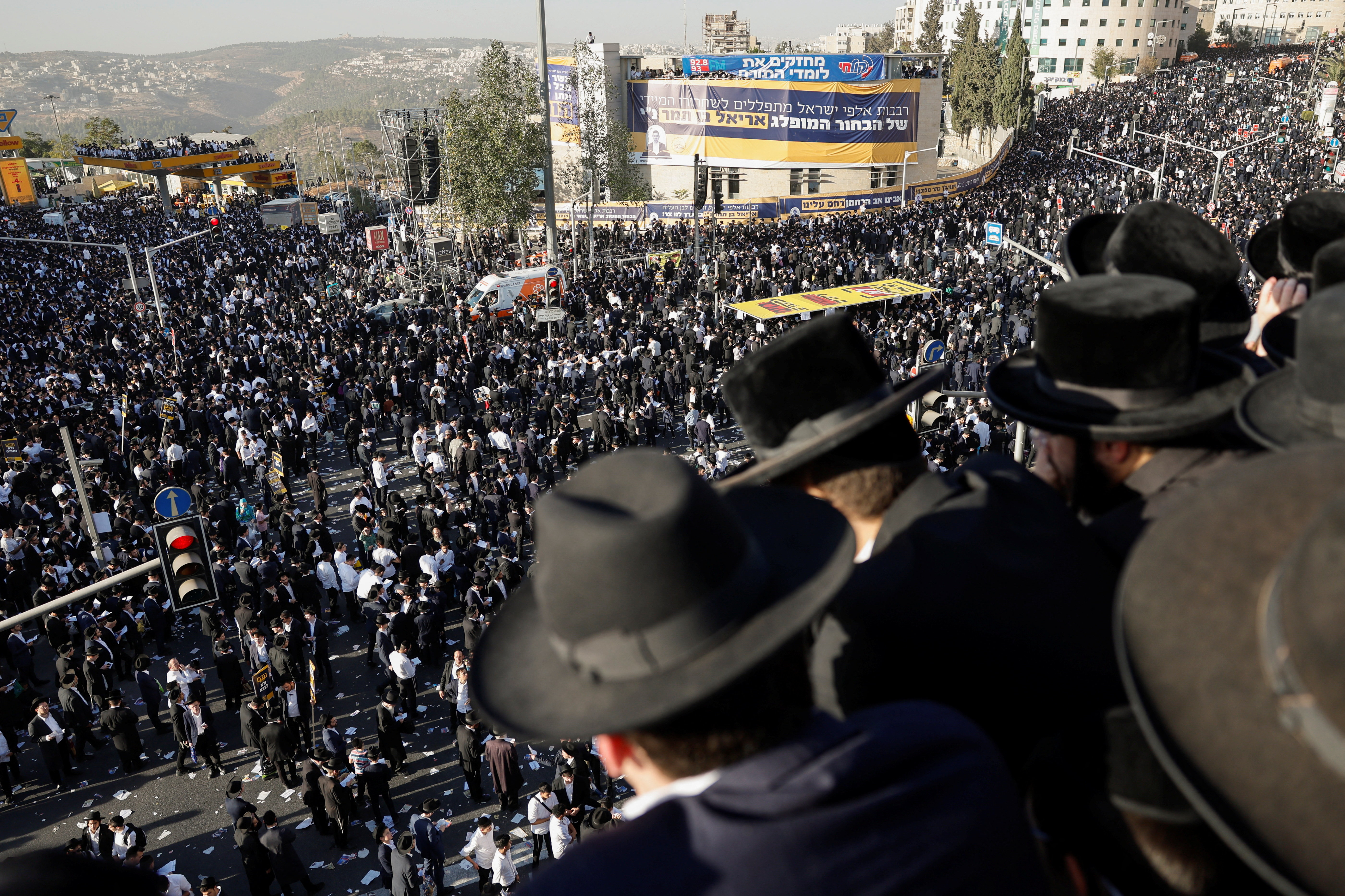Ultra-Orthodox Jewish men gather on the Chords Bridge during the "Million Man" protest against Israeli military conscription in Jerusalem