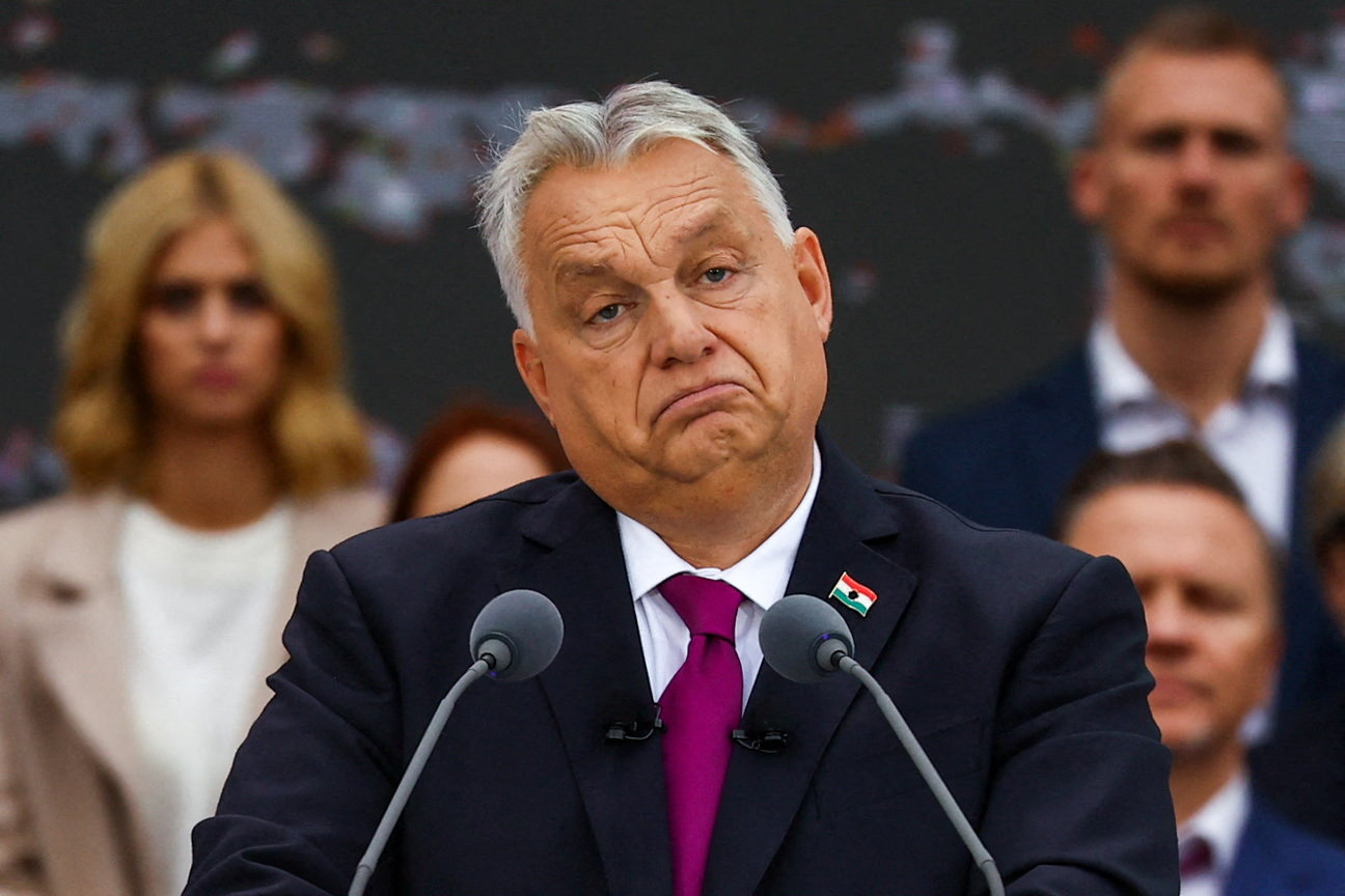 Hungarian Prime Minister Viktor Orban reacts as he delivers a speech to mark the 69th anniversary of the Hungarian Uprising of 1956, in Budapest, Hungary, October 23, 2025. REUTERS/Bernadett Szabo