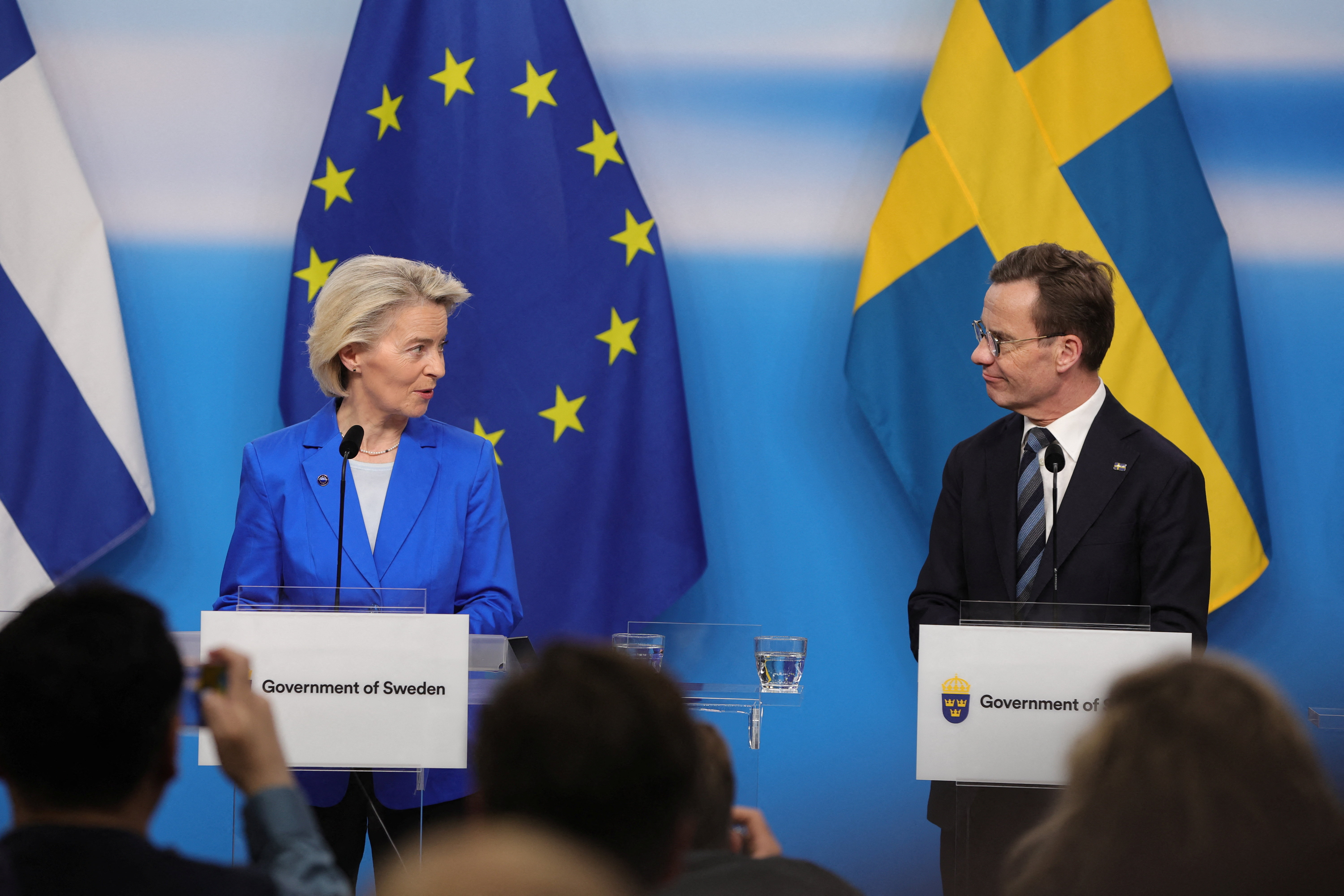European Commission President Ursula von der Leyen and Sweden's Prime Minister Ulf Kristersson attend a press conference during the 77th session of the Nordic Council, in Stockholm, Sweden