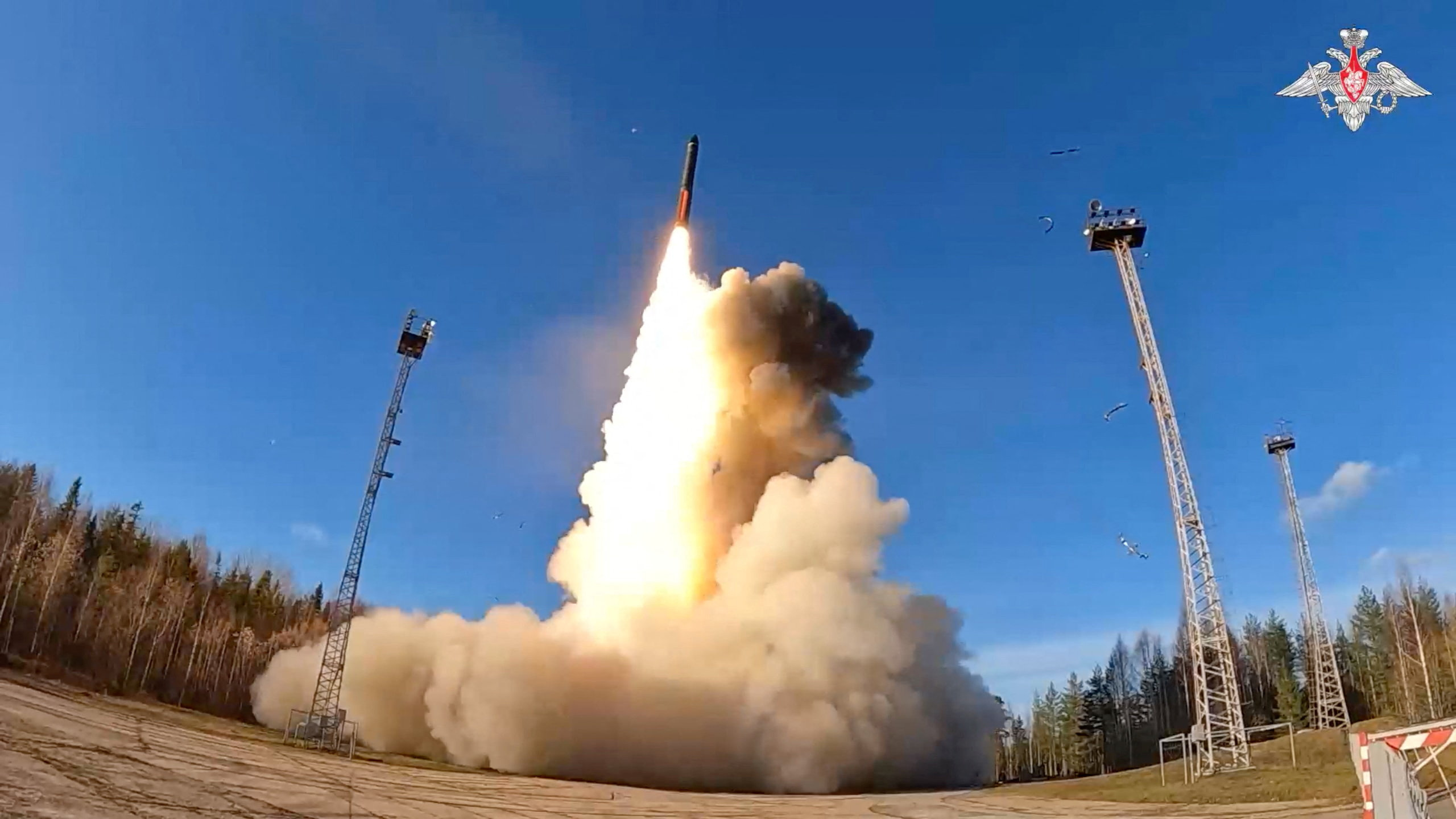 A Yars intercontinental ballistic missile launches from the Plesetsk Cosmodrome during a military exercise of Russia's nuclear forces on land, sea and air held to rehearse their readiness and command structure