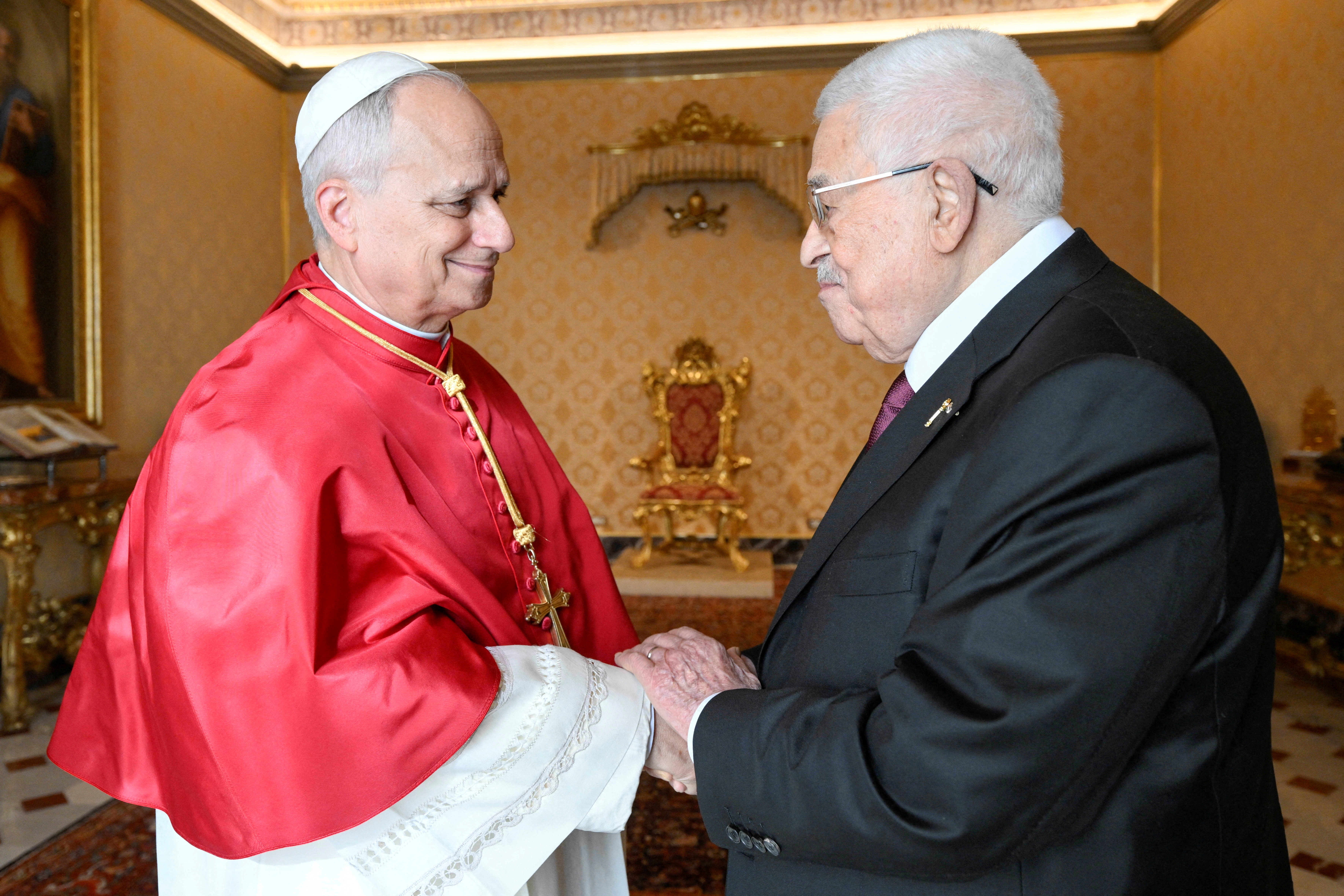 Pope Leo XIV meets Palestinian Authority President Mahmoud Abbas at the Vatican, November 6, 2025.   Simone Risoluti/Vatican Media/­Handout via REUTERS    ATTENTION EDITORS - THIS IMAGE WAS PROVIDED BY A THIRD PARTY.     TPX IMAGES OF THE DAY